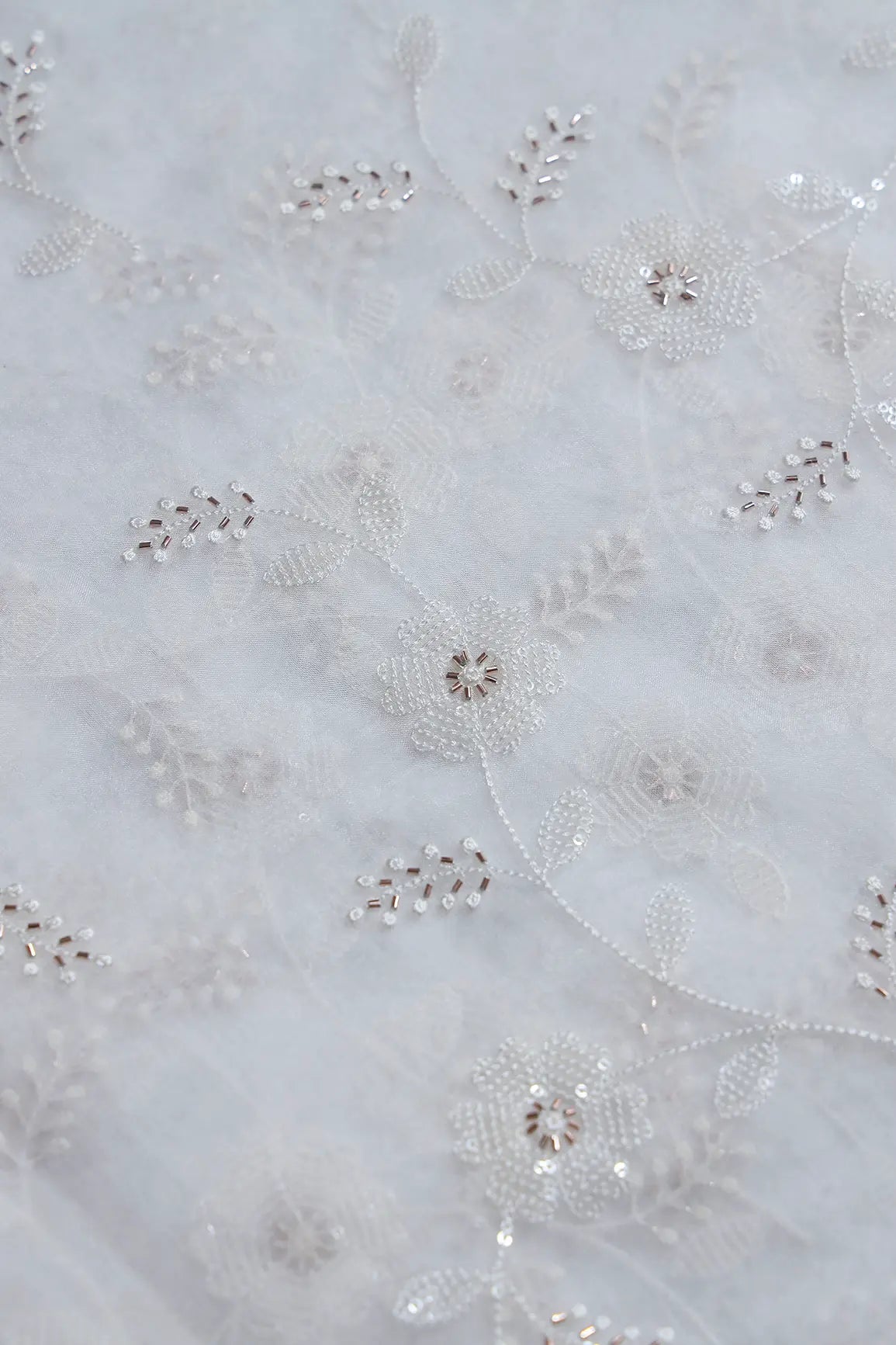 White Thread With Beads Leafy Embroidery On Dyeable White Organza Fabric