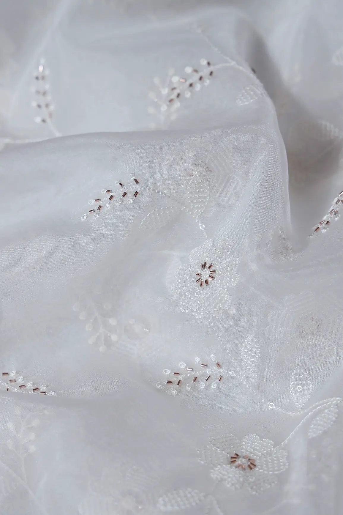 White Thread With Beads Leafy Embroidery On Dyeable White Organza Fabric