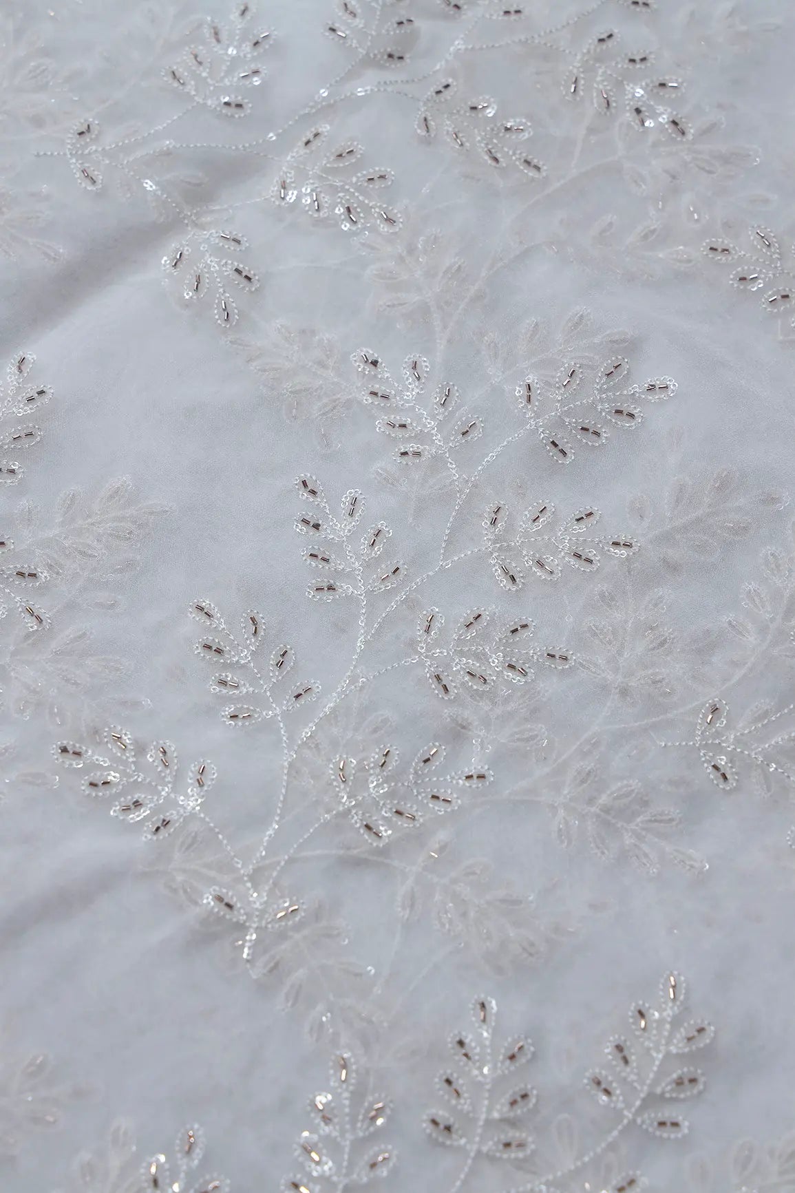 White Thread With Beads Leafy Embroidery On Dyeable White Organza Fabric