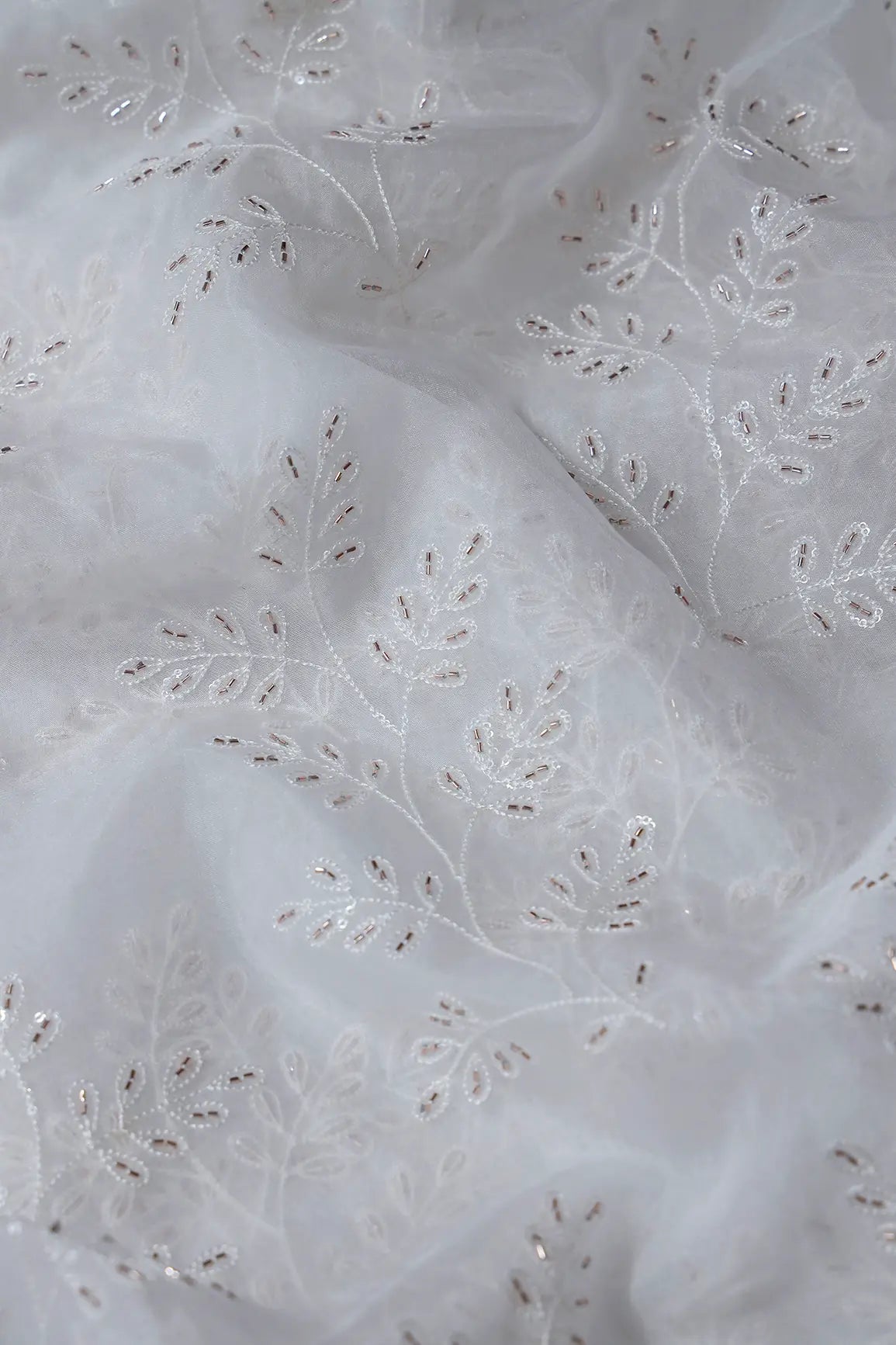 White Thread With Beads Leafy Embroidery On Dyeable White Organza Fabric