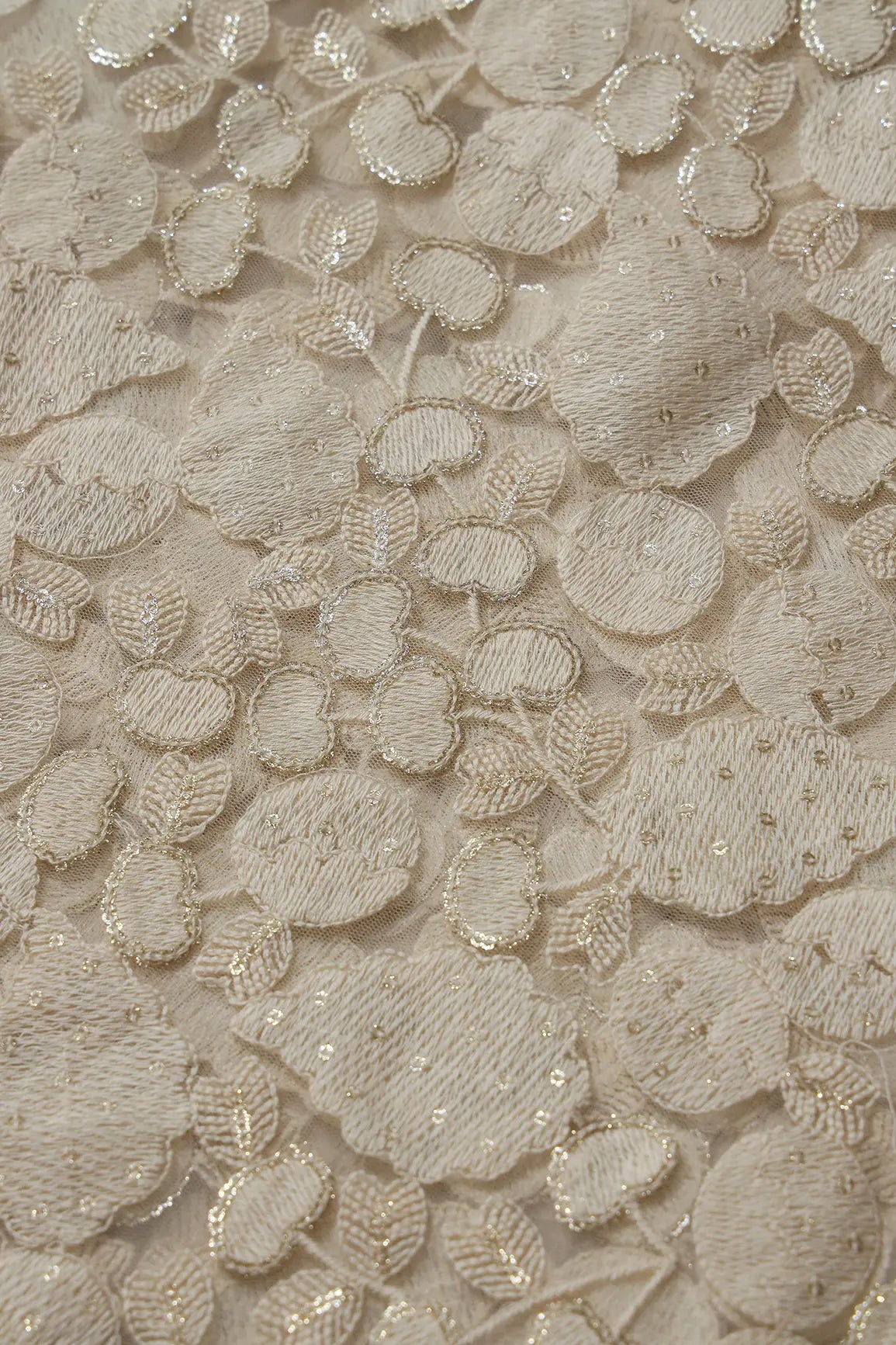 White Thread With Water Sequins Beautiful Leafy Heavy Embroidery On Dyeable White Soft Net Fabric