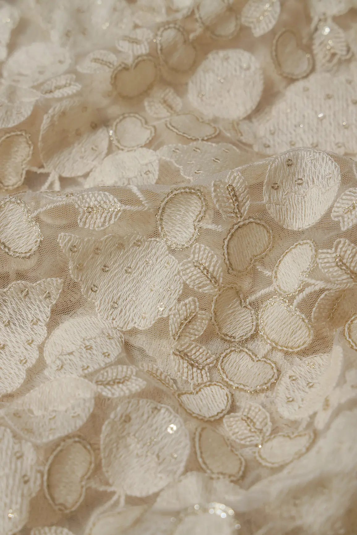 White Thread With Water Sequins Beautiful Leafy Heavy Embroidery On Dyeable White Soft Net Fabric