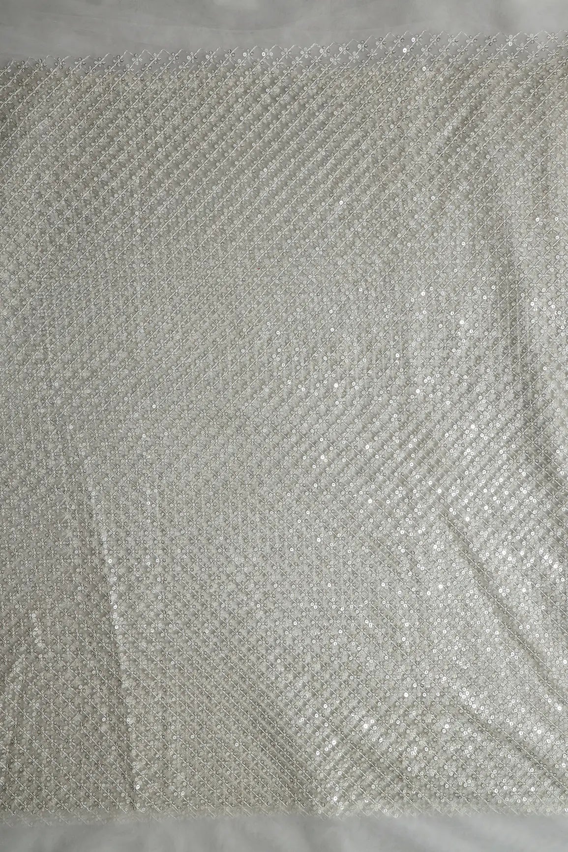 White Thread With Gold Sequins Small Checks Embroidery On White Dyeable Soft Net Fabric