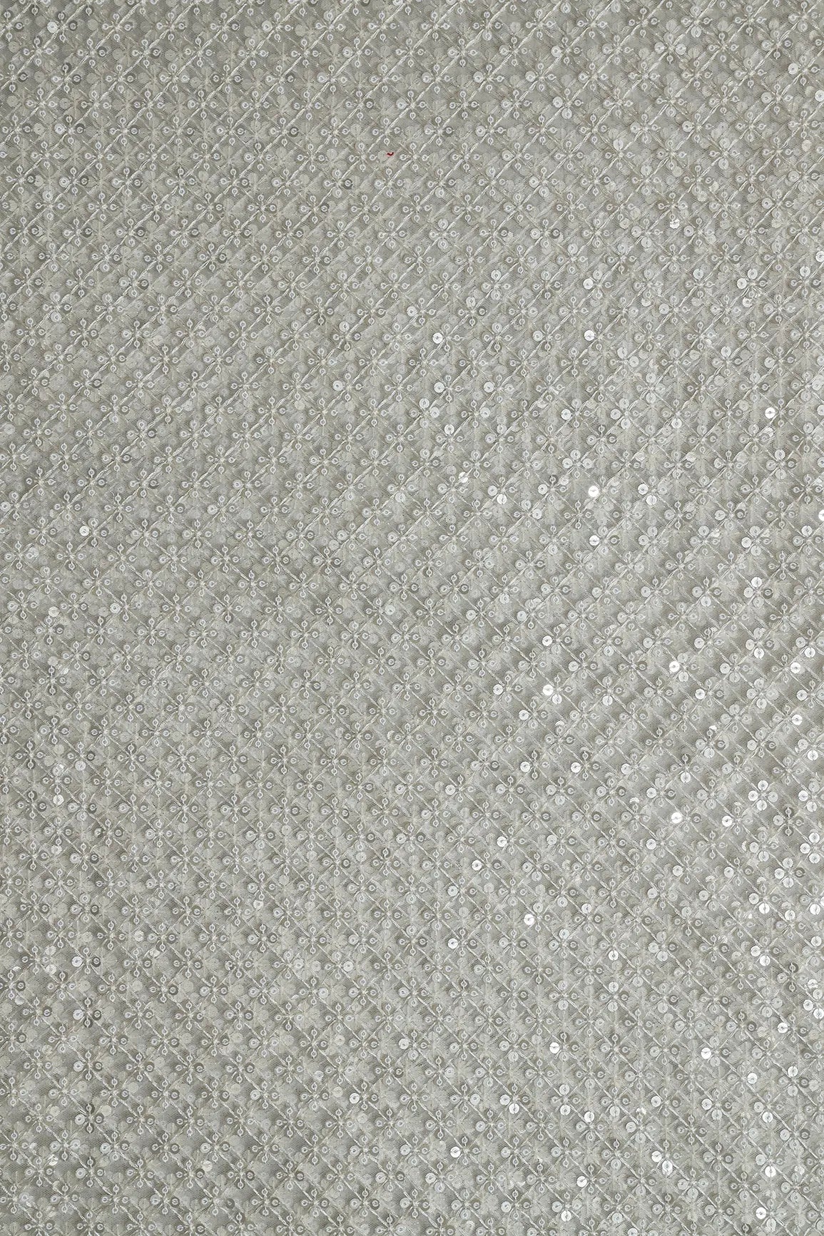 White Thread With Gold Sequins Small Checks Embroidery On White Dyeable Soft Net Fabric