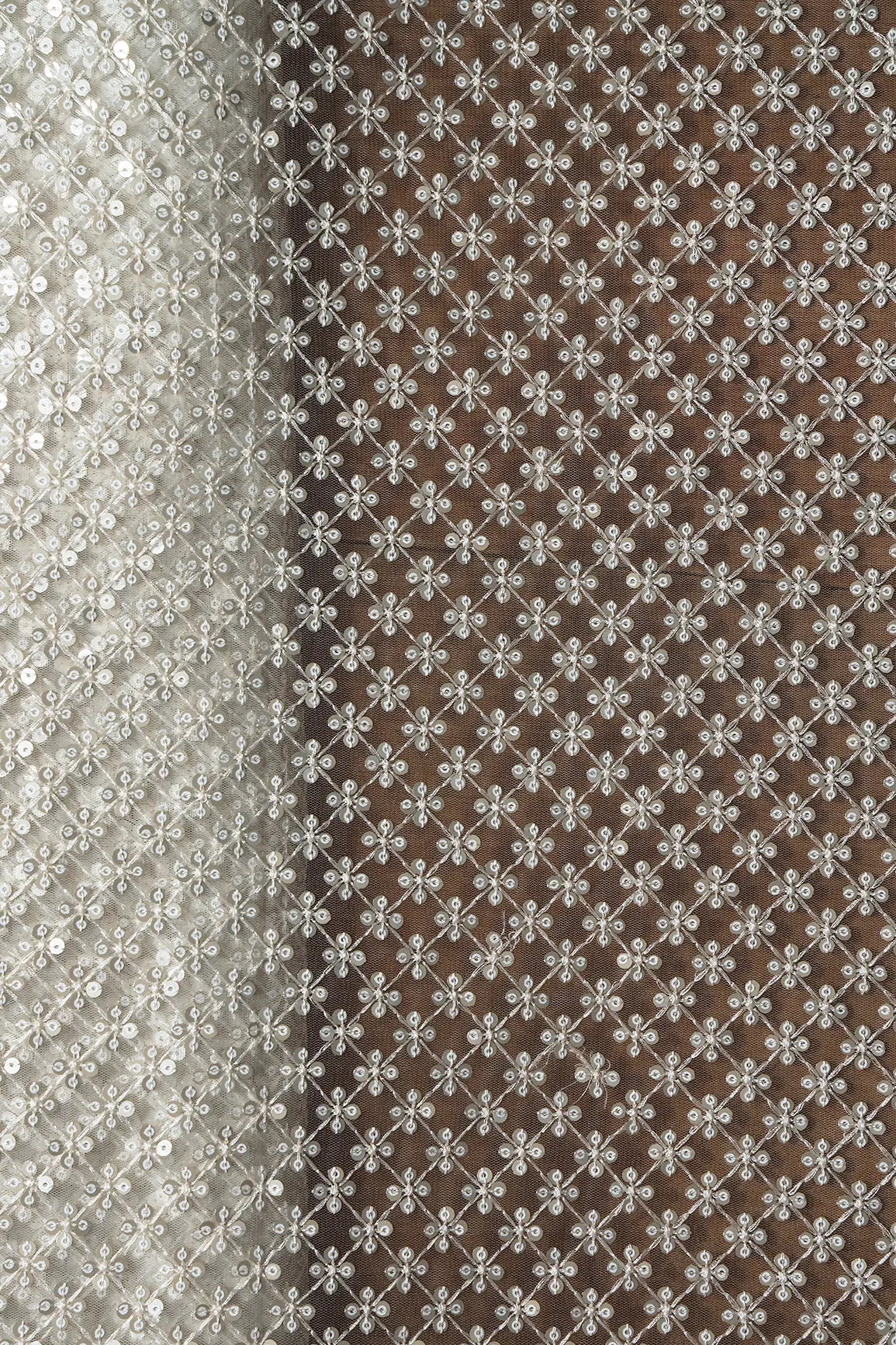 White Thread With Gold Sequins Small Checks Embroidery On White Dyeable Soft Net Fabric