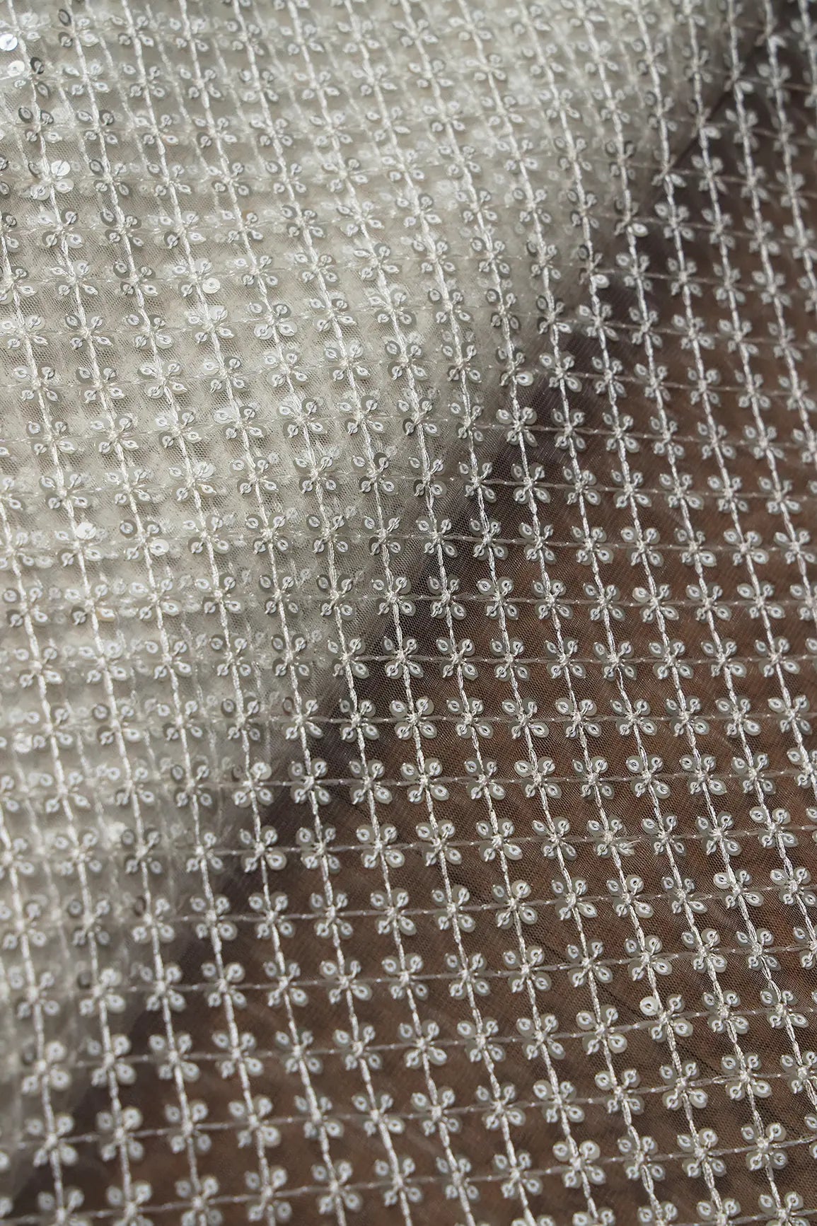 White Thread With Gold Sequins Small Checks Embroidery On White Dyeable Soft Net Fabric