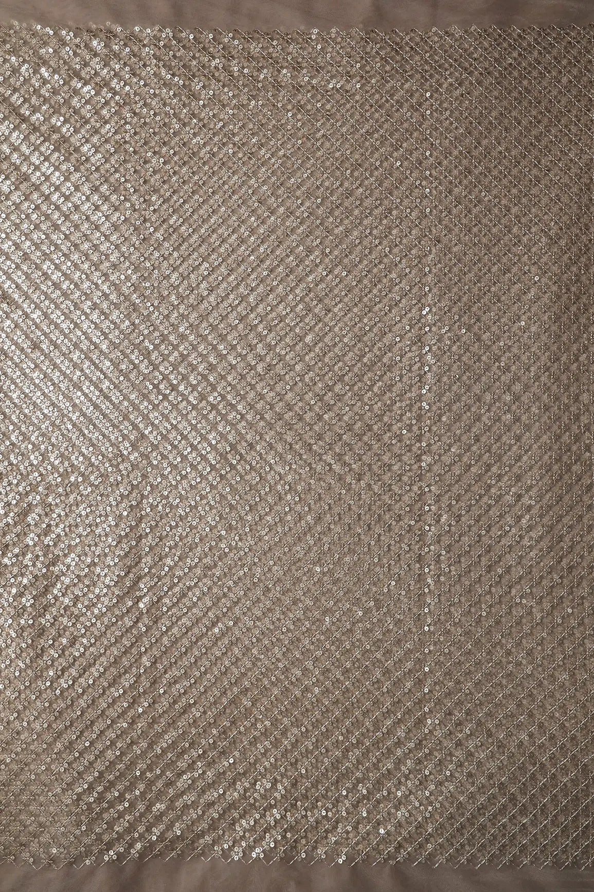 Beige Thread With Gold Sequins Small Checks Embroidery On Beige Soft Net Fabric