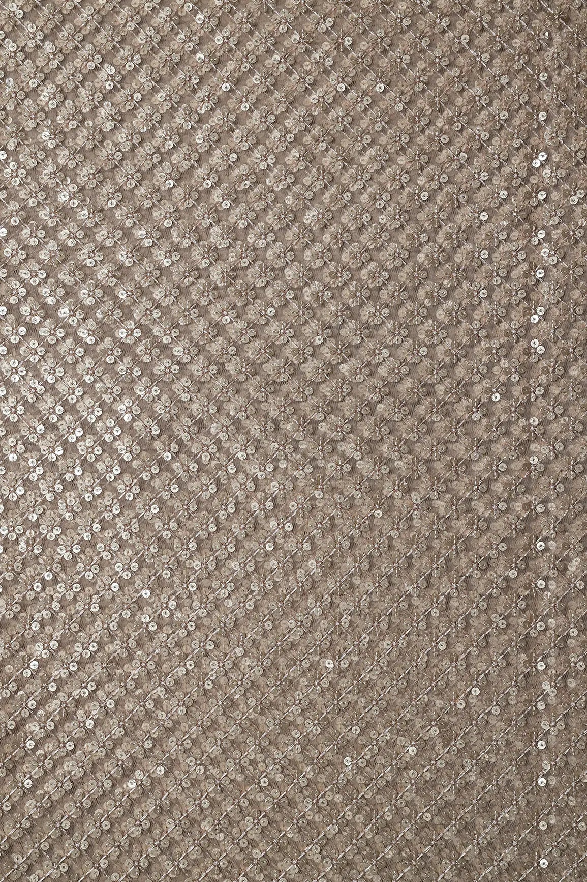 Beige Thread With Gold Sequins Small Checks Embroidery On Beige Soft Net Fabric