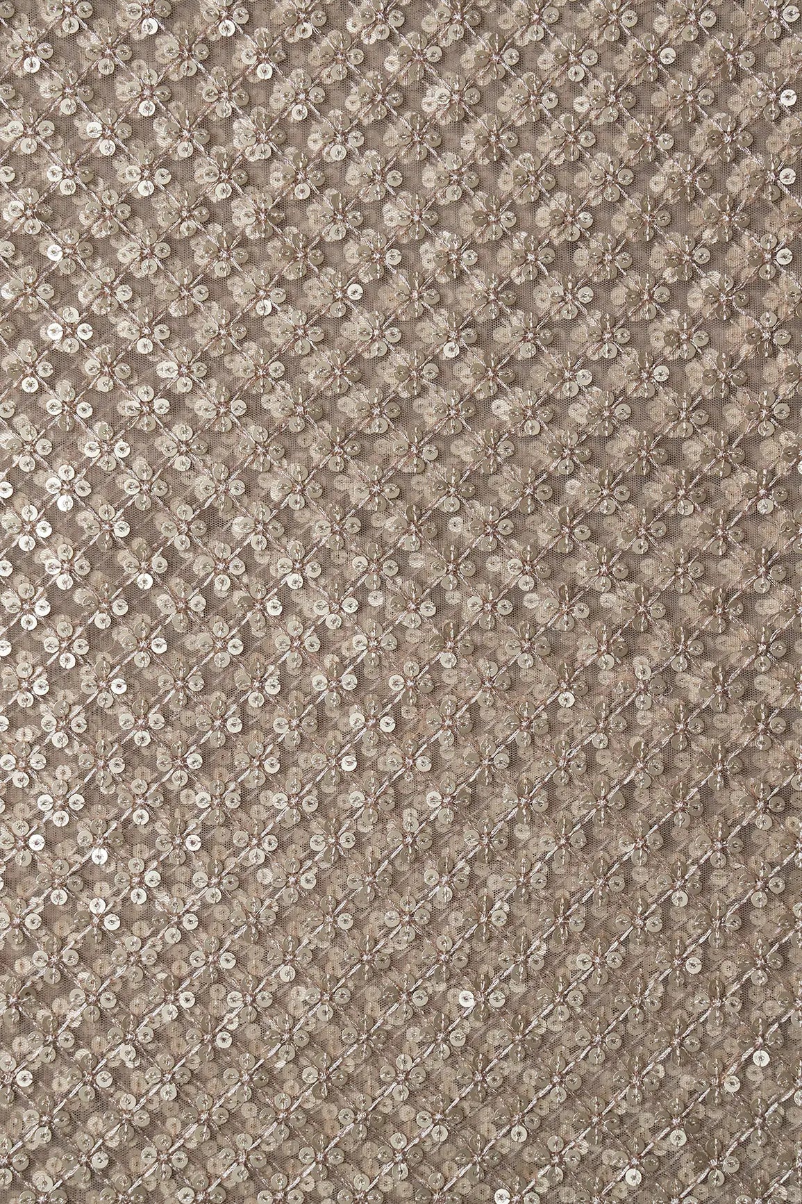 Beige Thread With Gold Sequins Small Checks Embroidery On Beige Soft Net Fabric