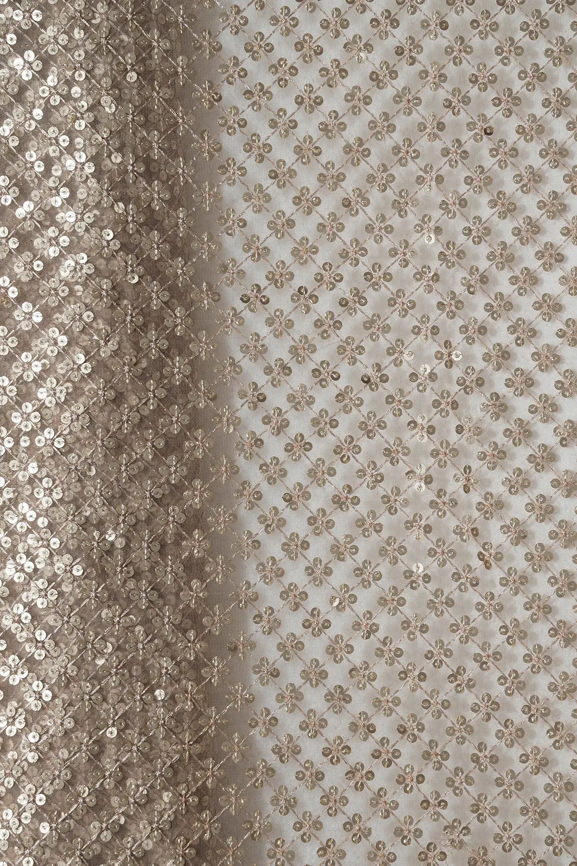 Beige Thread With Gold Sequins Small Checks Embroidery On Beige Soft Net Fabric