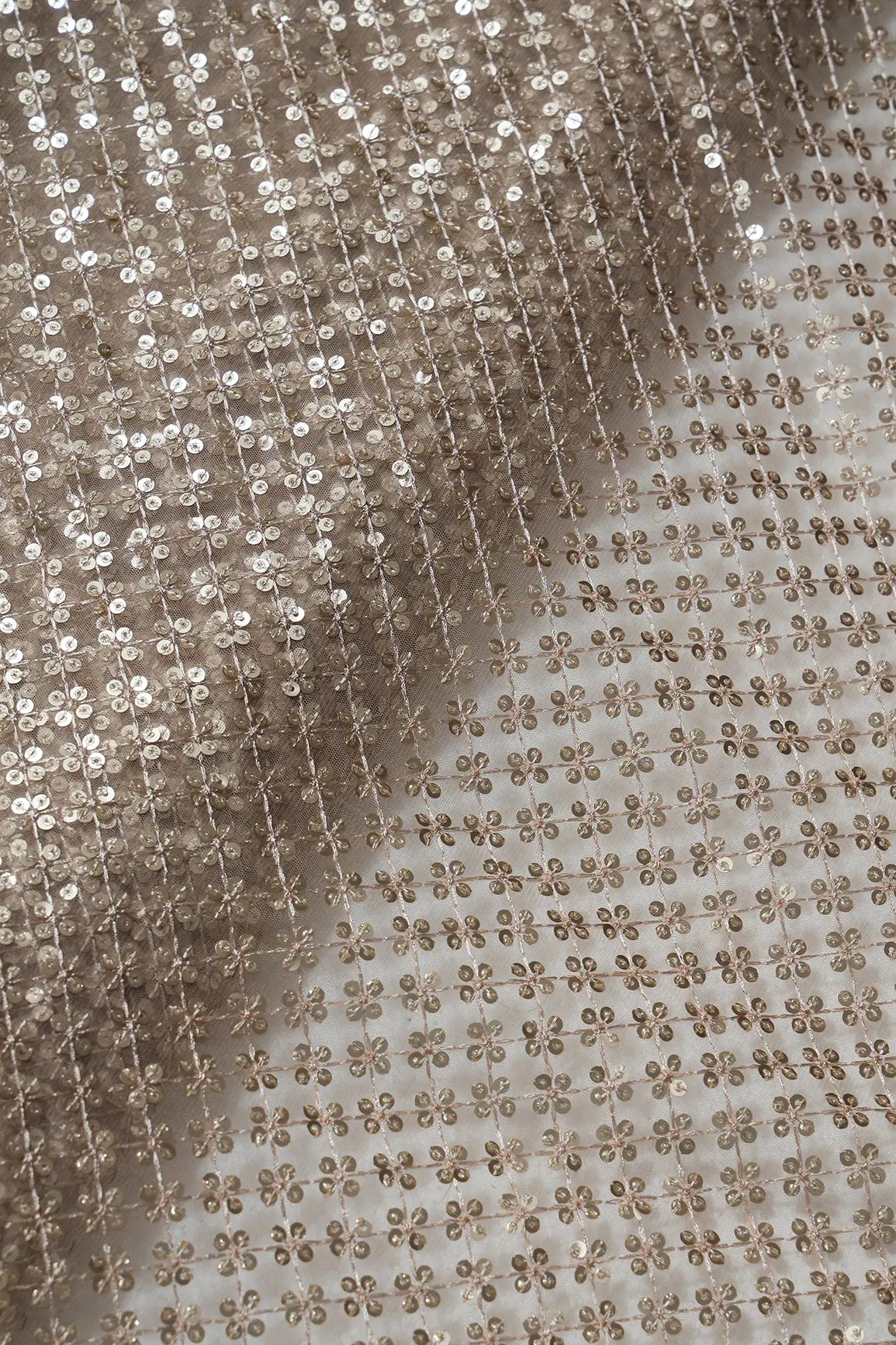 Beige Thread With Gold Sequins Small Checks Embroidery On Beige Soft Net Fabric