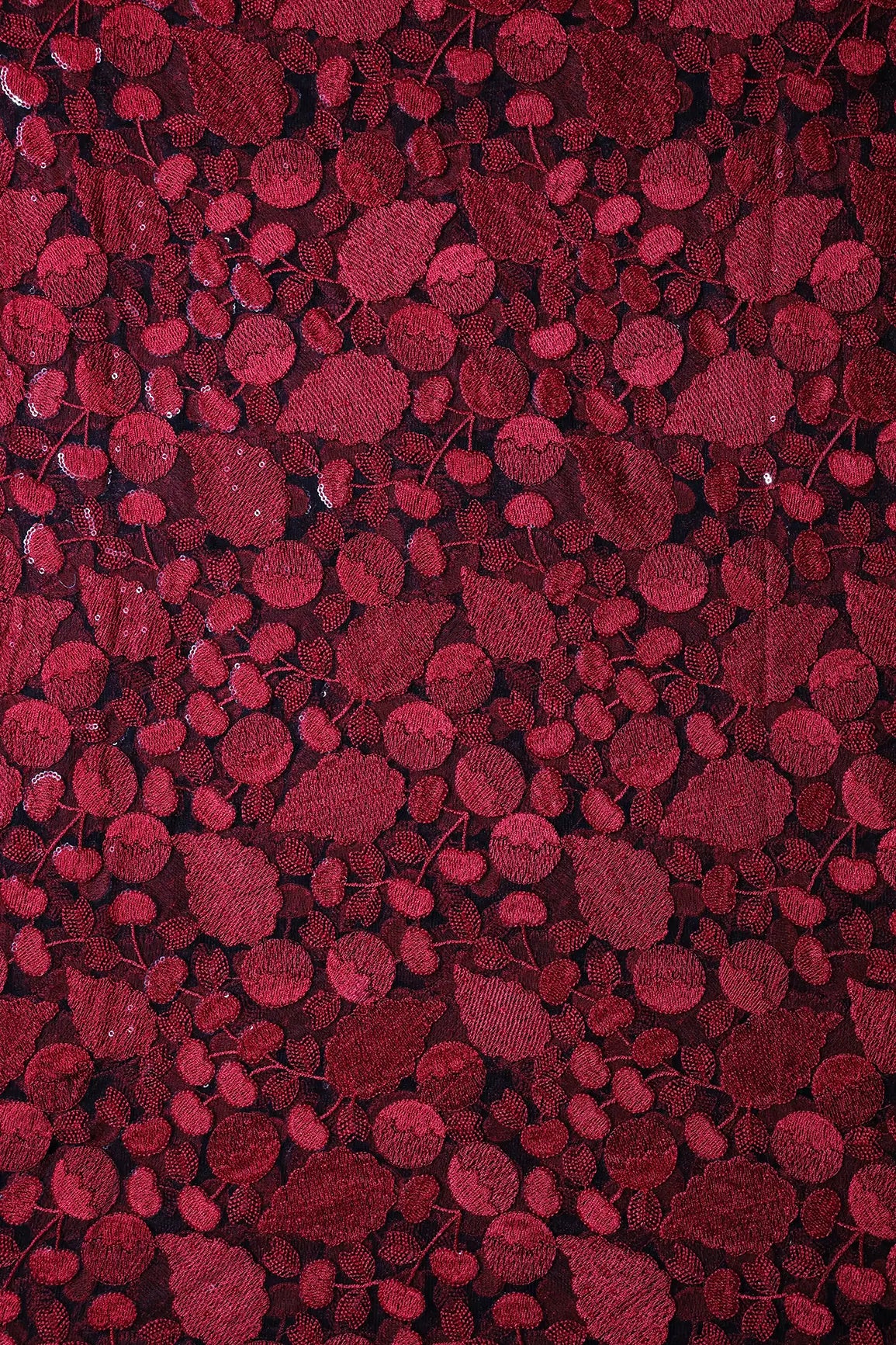 Red Thread With Water Sequins Beautiful Leafy Heavy Embroidery On Black Soft Net Fabric