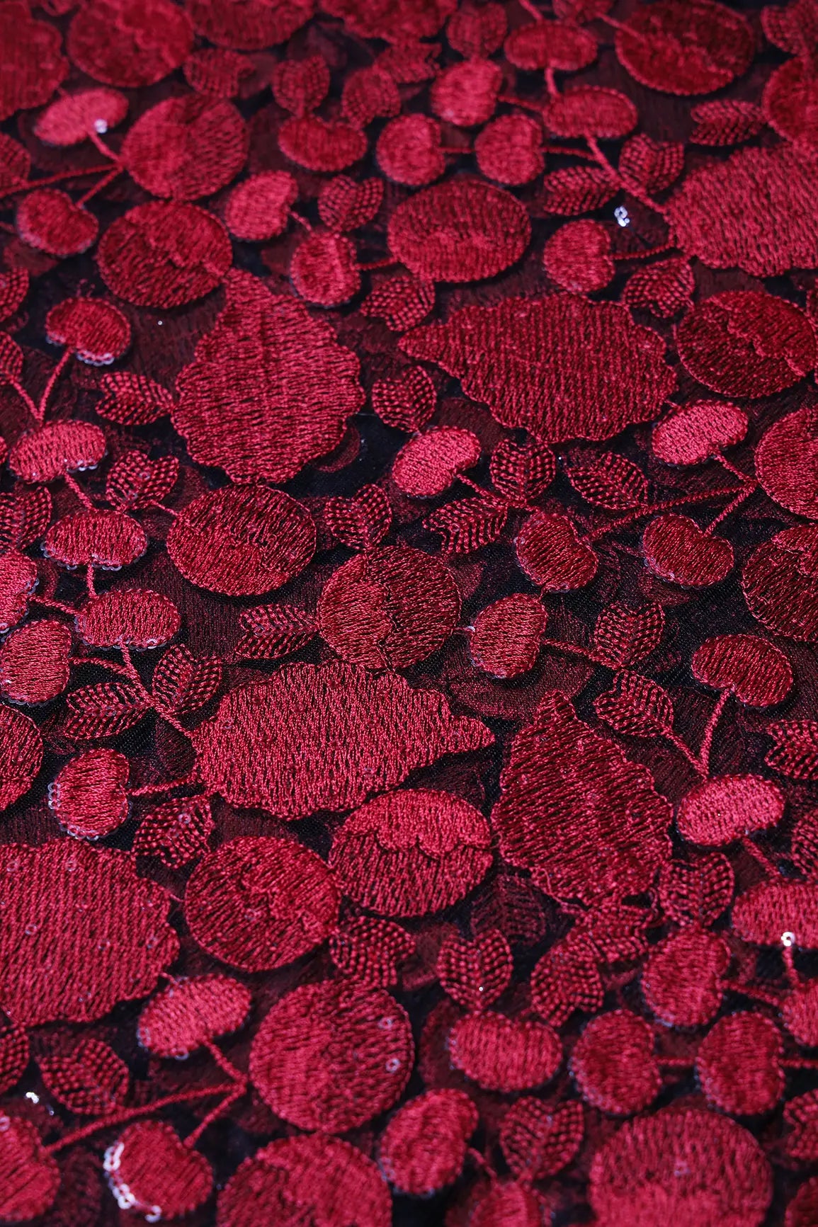 Red Thread With Water Sequins Beautiful Leafy Heavy Embroidery On Black Soft Net Fabric