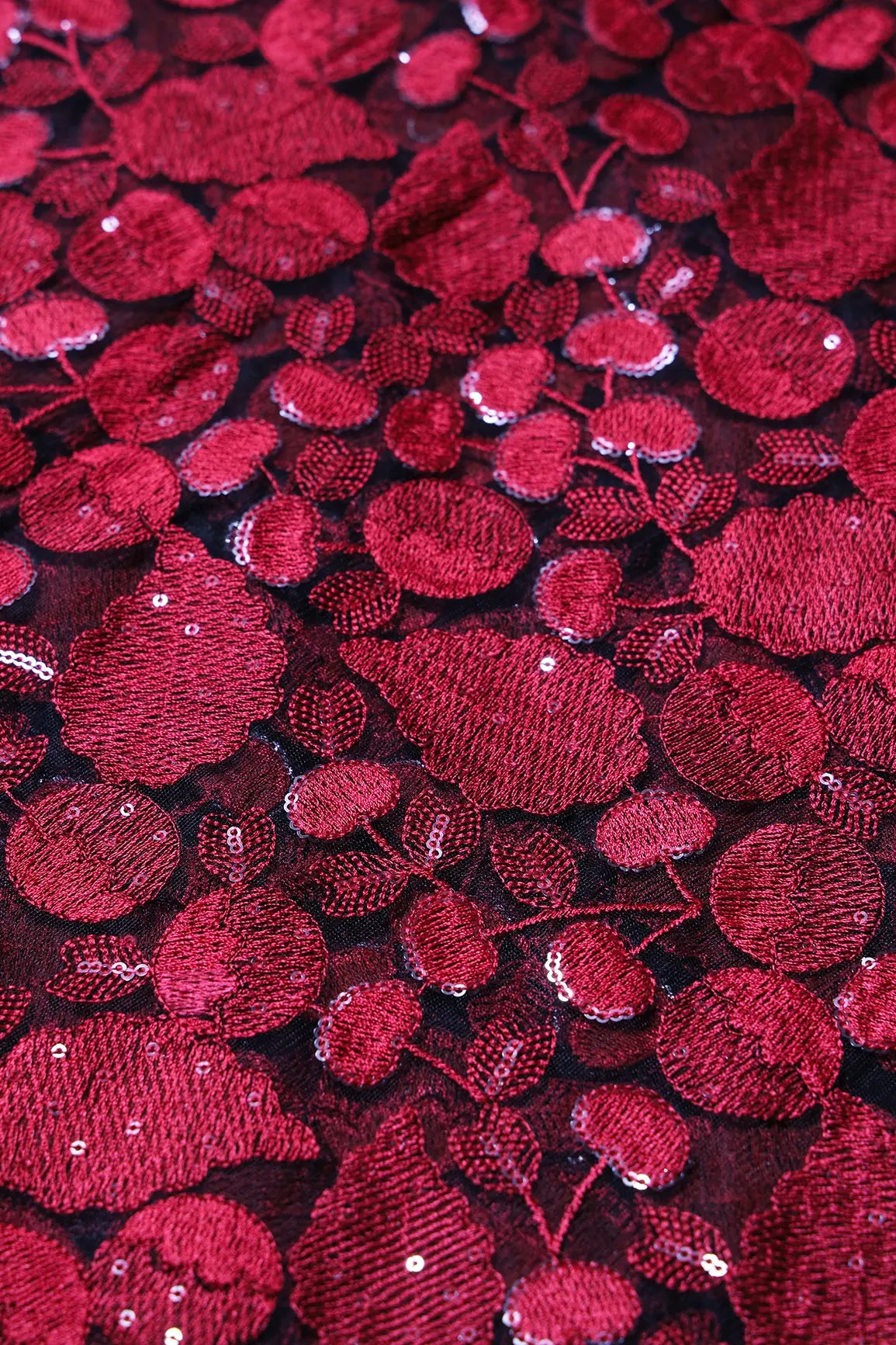 Red Thread With Water Sequins Beautiful Leafy Heavy Embroidery On Black Soft Net Fabric