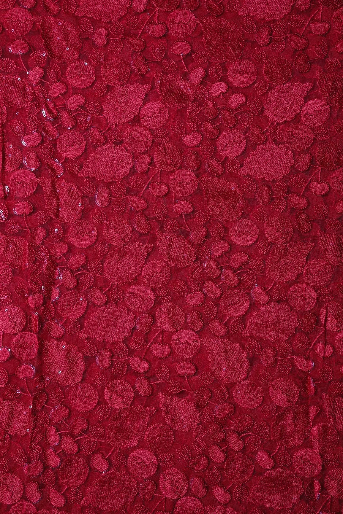 Red Thread With Water Sequins Beautiful Leafy Heavy Embroidery On Red Soft Net Fabric