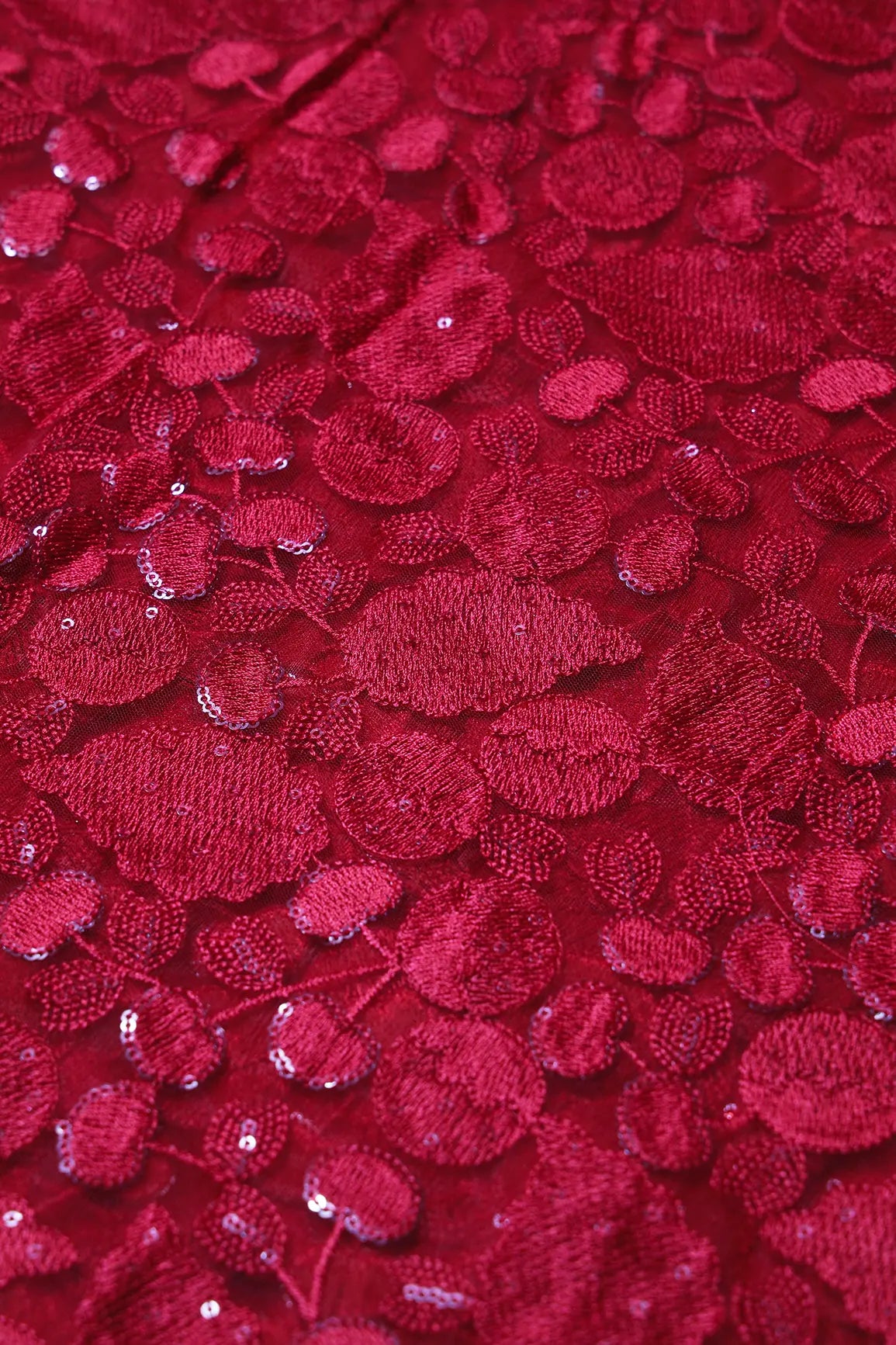 Red Thread With Water Sequins Beautiful Leafy Heavy Embroidery On Red Soft Net Fabric