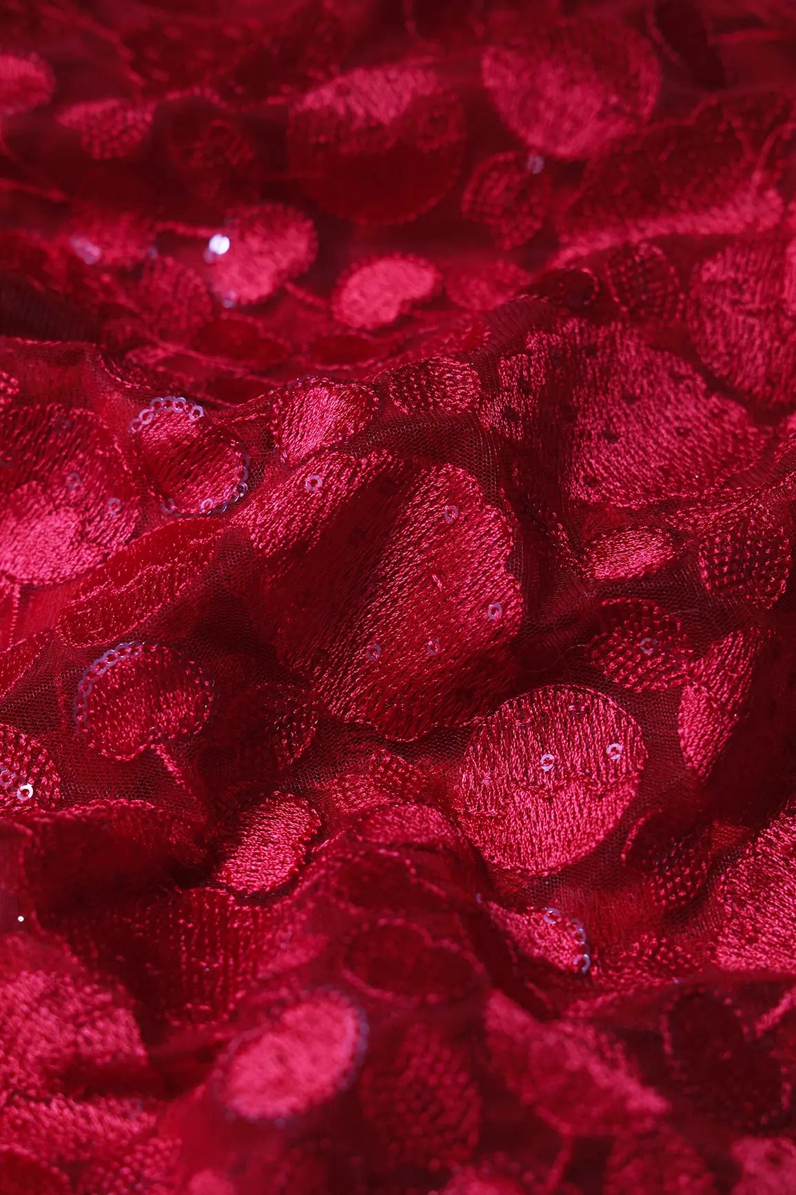 Red Thread With Water Sequins Beautiful Leafy Heavy Embroidery On Red Soft Net Fabric