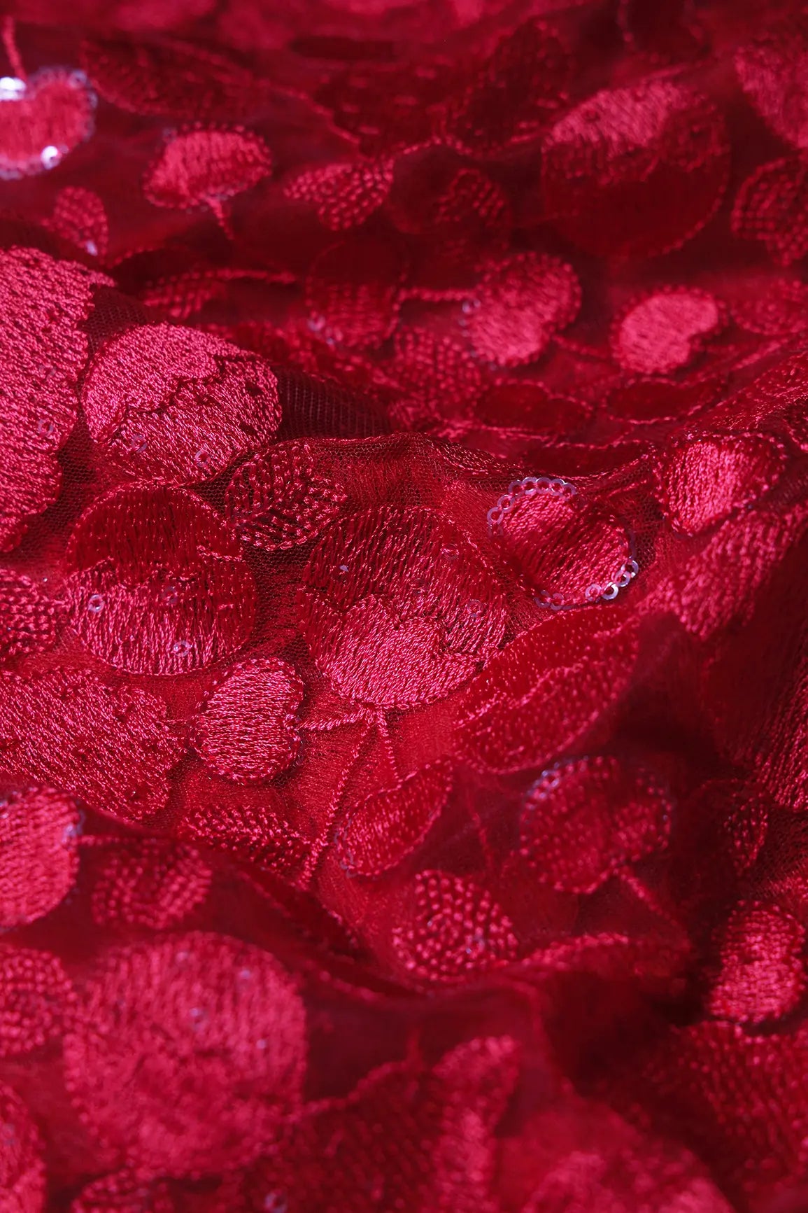 Red Thread With Water Sequins Beautiful Leafy Heavy Embroidery On Red Soft Net Fabric