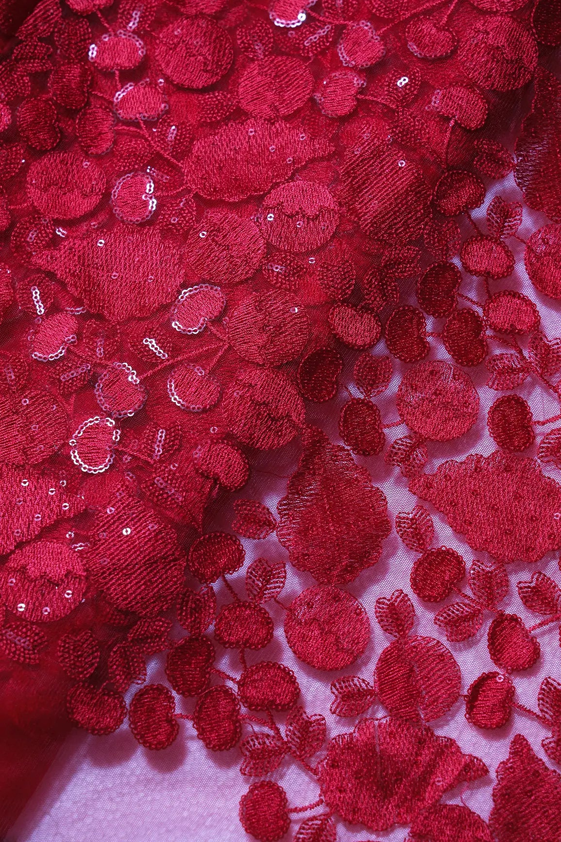 Red Thread With Water Sequins Embroidery On Red Soft Net Fabric Unstitched (3 Piece)