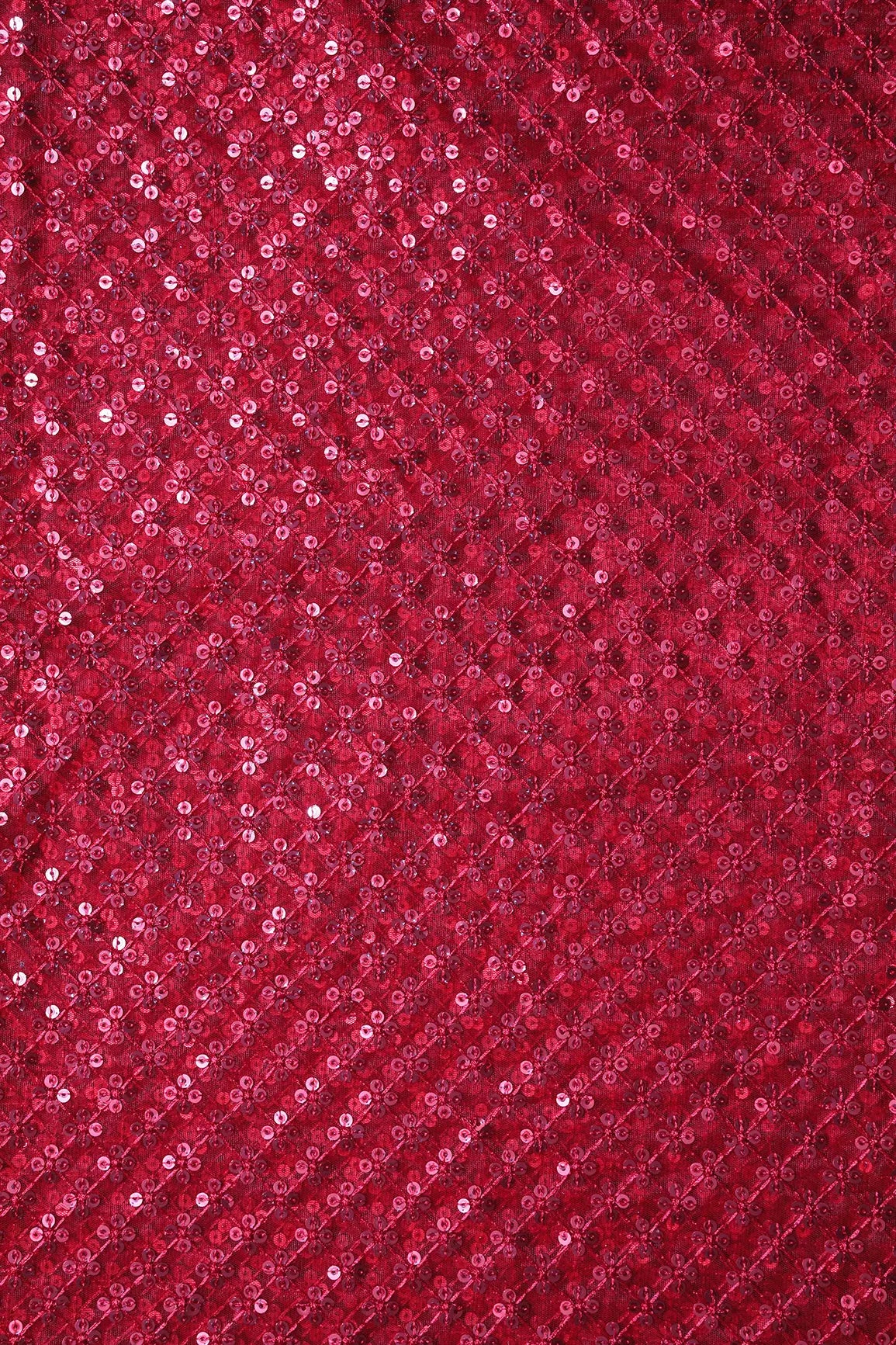 Red Thread With Red Sequins Small Checks Embroidery On Red Soft Net Fabric