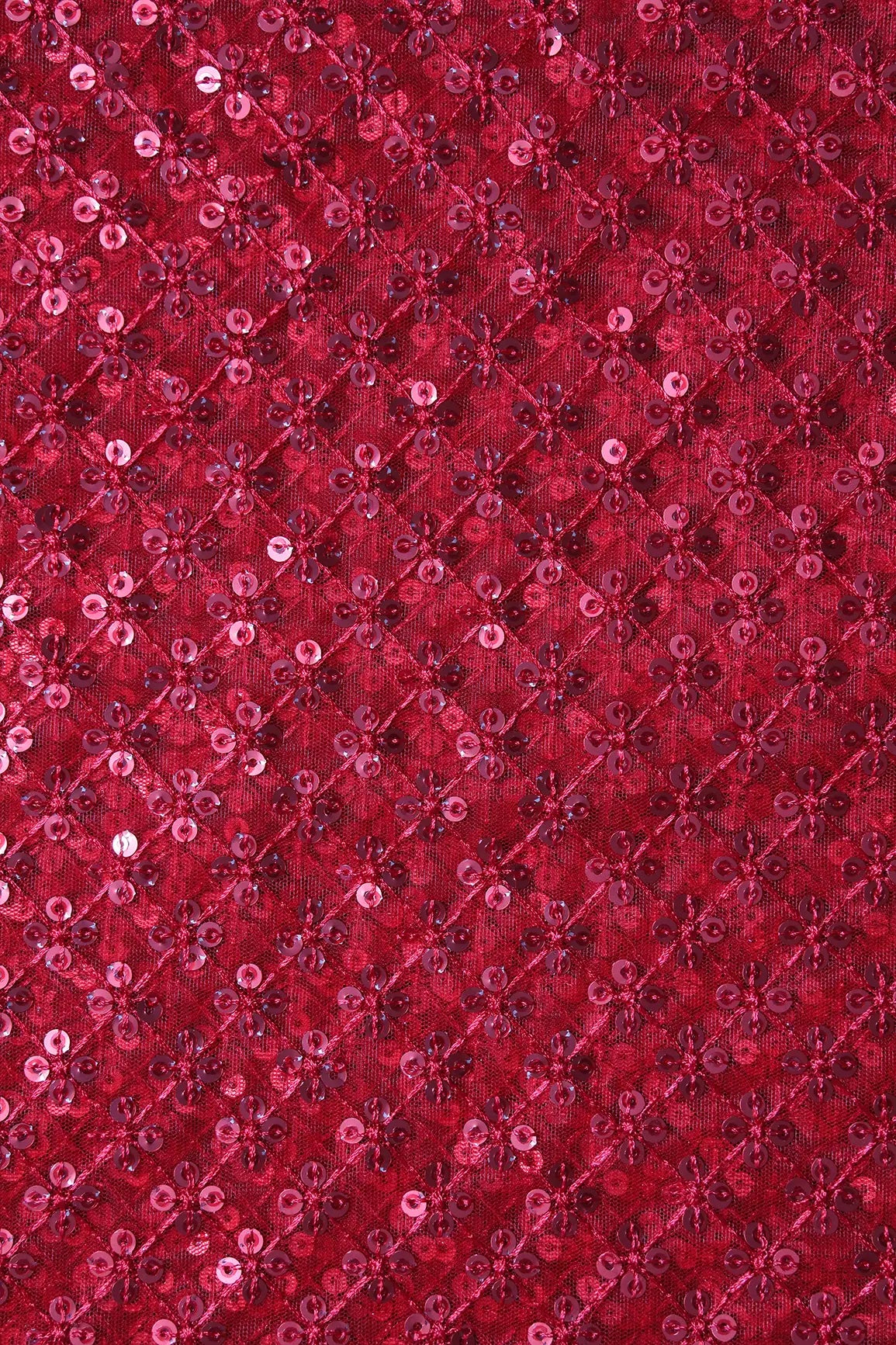 Red Thread With Red Sequins Small Checks Embroidery On Red Soft Net Fabric