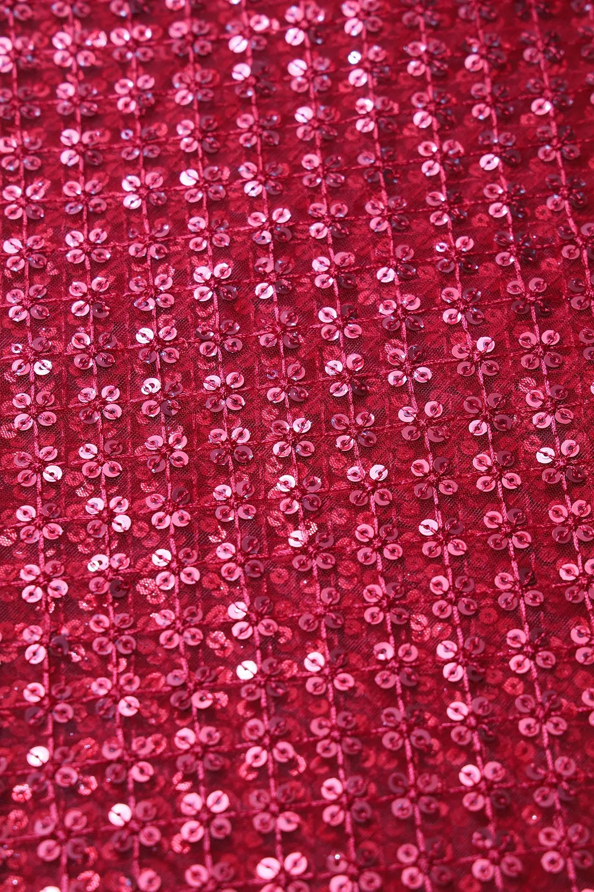 Red Thread With Red Sequins Small Checks Embroidery On Red Soft Net Fabric