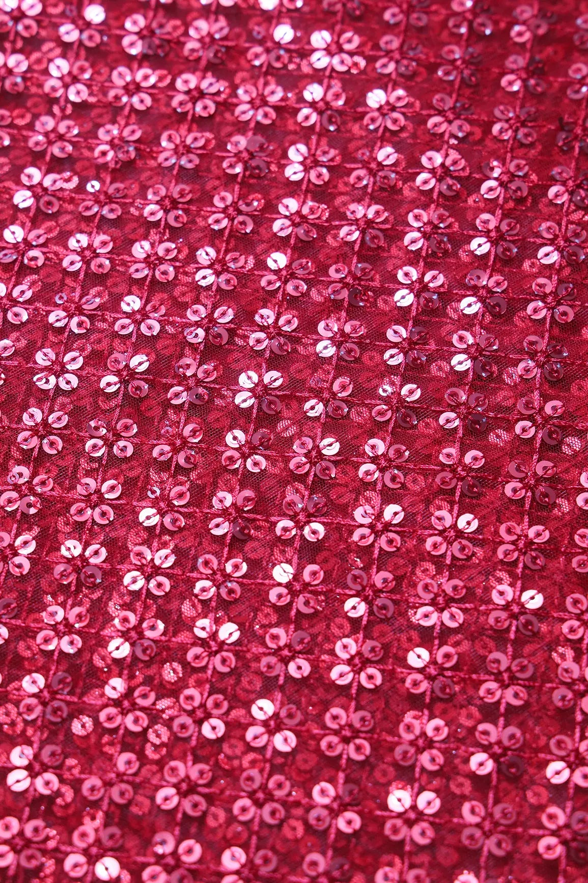 Red Thread With Red Sequins Small Checks Embroidery On Red Soft Net Fabric