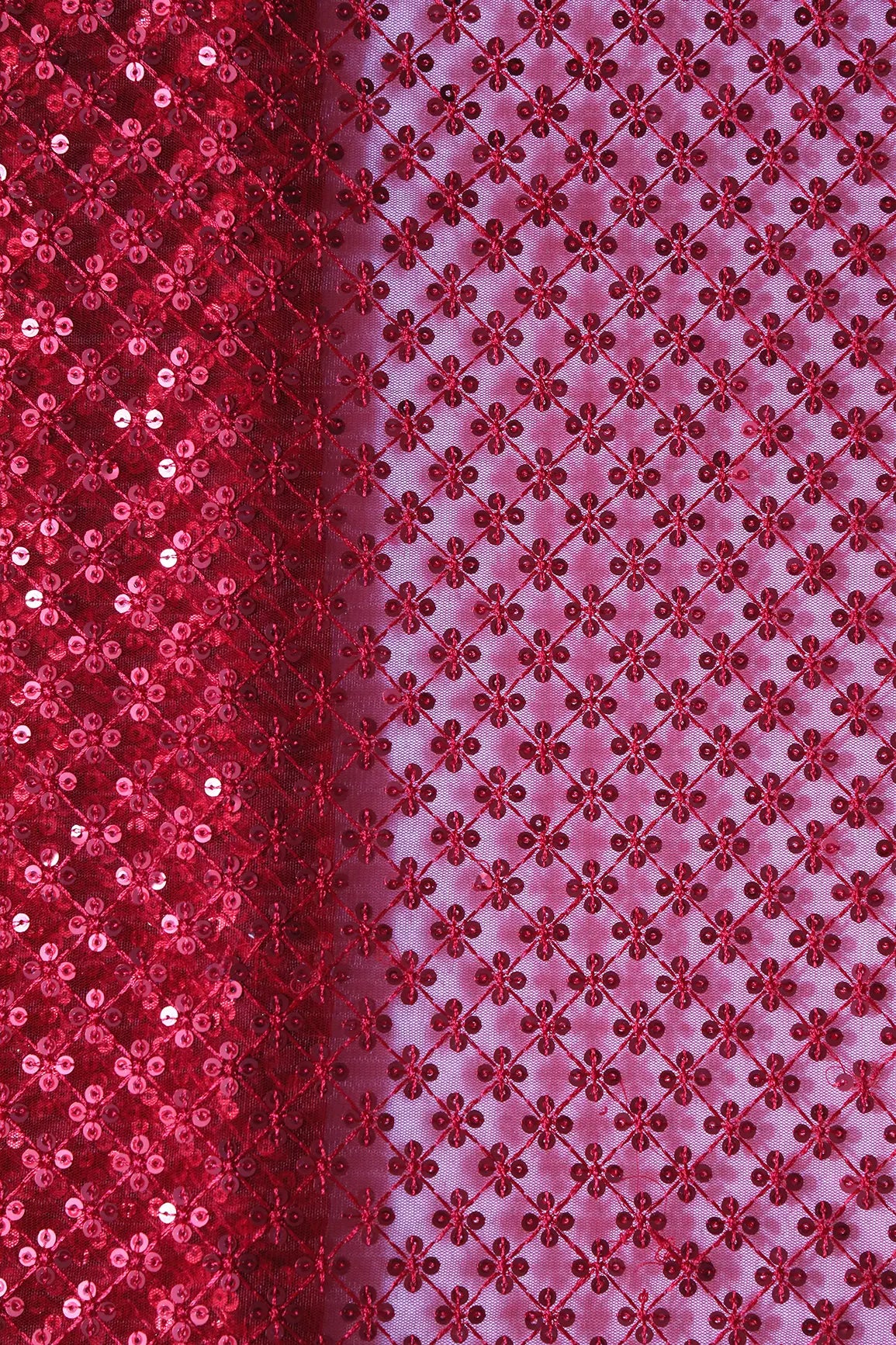 Red Thread With Red Sequins Small Checks Embroidery On Red Soft Net Fabric