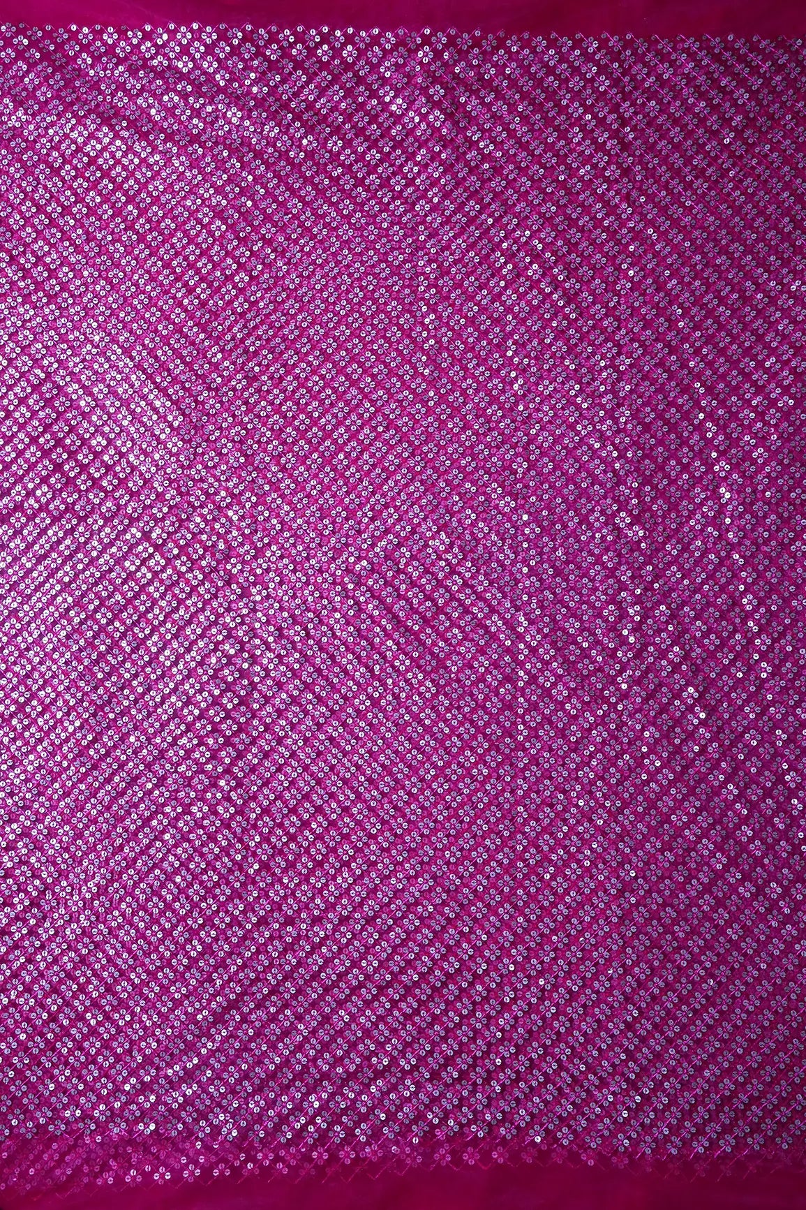 Fuchsia Thread With Gold Sequins Small Checks Embroidery On Fuchsia Soft Net Fabric