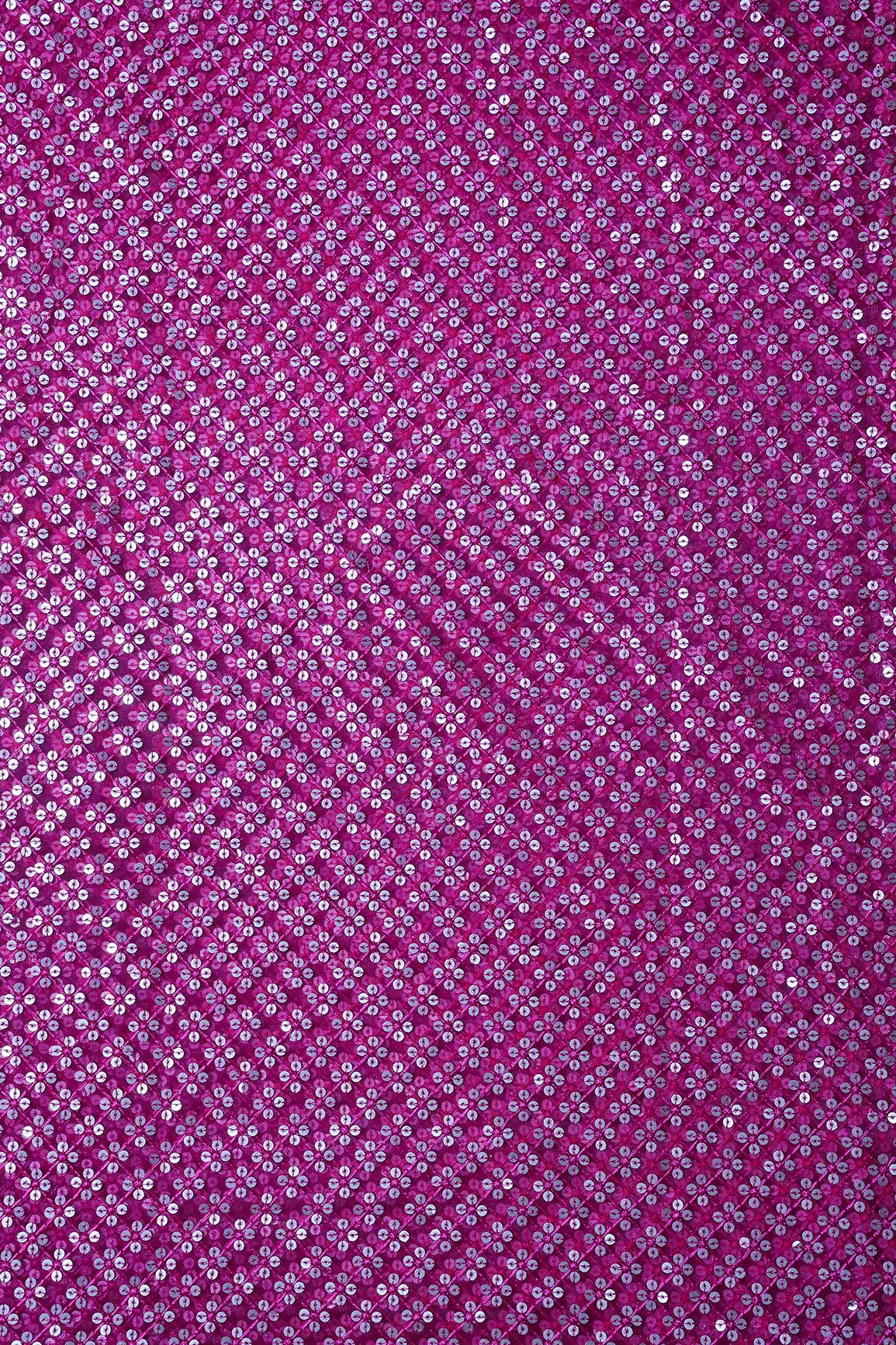 Fuchsia Thread With Gold Sequins Small Checks Embroidery On Fuchsia Soft Net Fabric