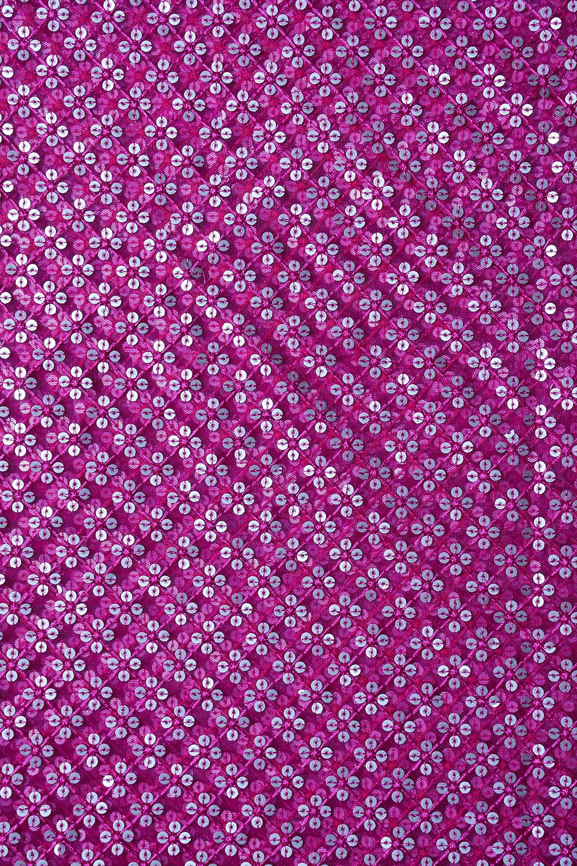 Fuchsia Thread With Gold Sequins Small Checks Embroidery On Fuchsia Soft Net Fabric