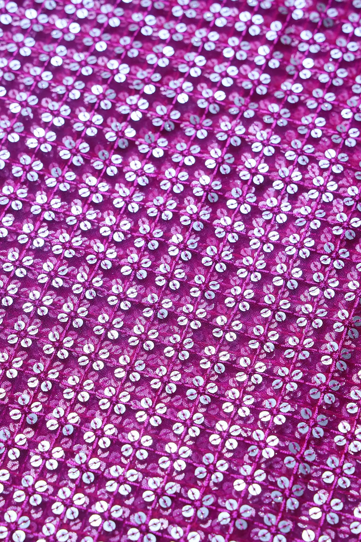 Fuchsia Thread With Gold Sequins Small Checks Embroidery On Fuchsia Soft Net Fabric