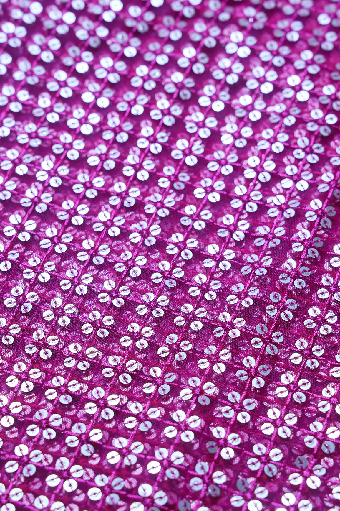 Fuchsia Thread With Gold Sequins Small Checks Embroidery On Fuchsia Soft Net Fabric