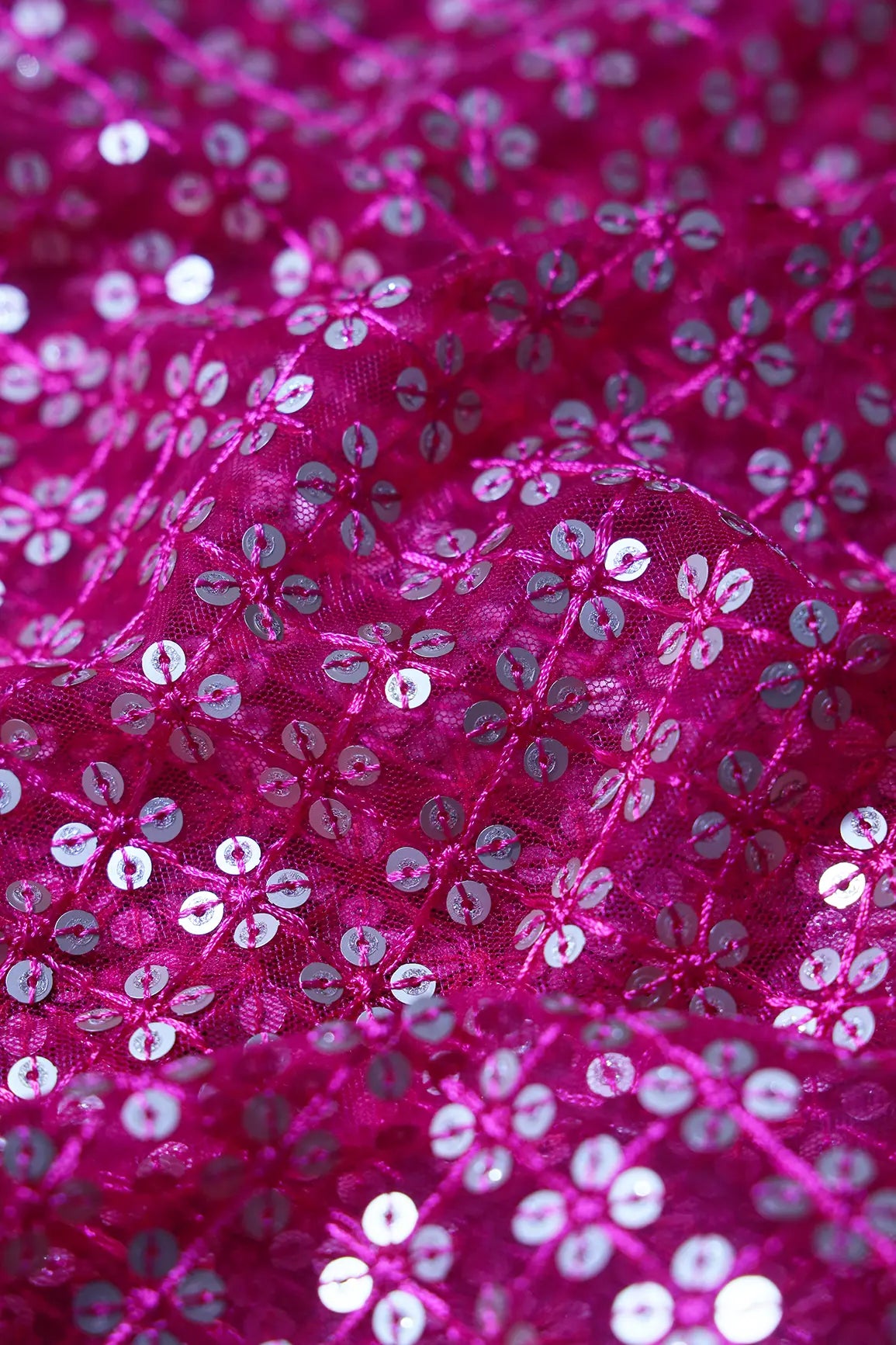 Fuchsia Thread With Gold Sequins Small Checks Embroidery On Fuchsia Soft Net Fabric