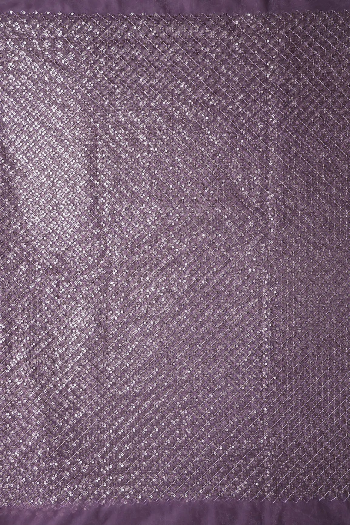 Lavender Thread With Gold Sequins Small Checks Embroidery On Lavender Soft Net Fabric