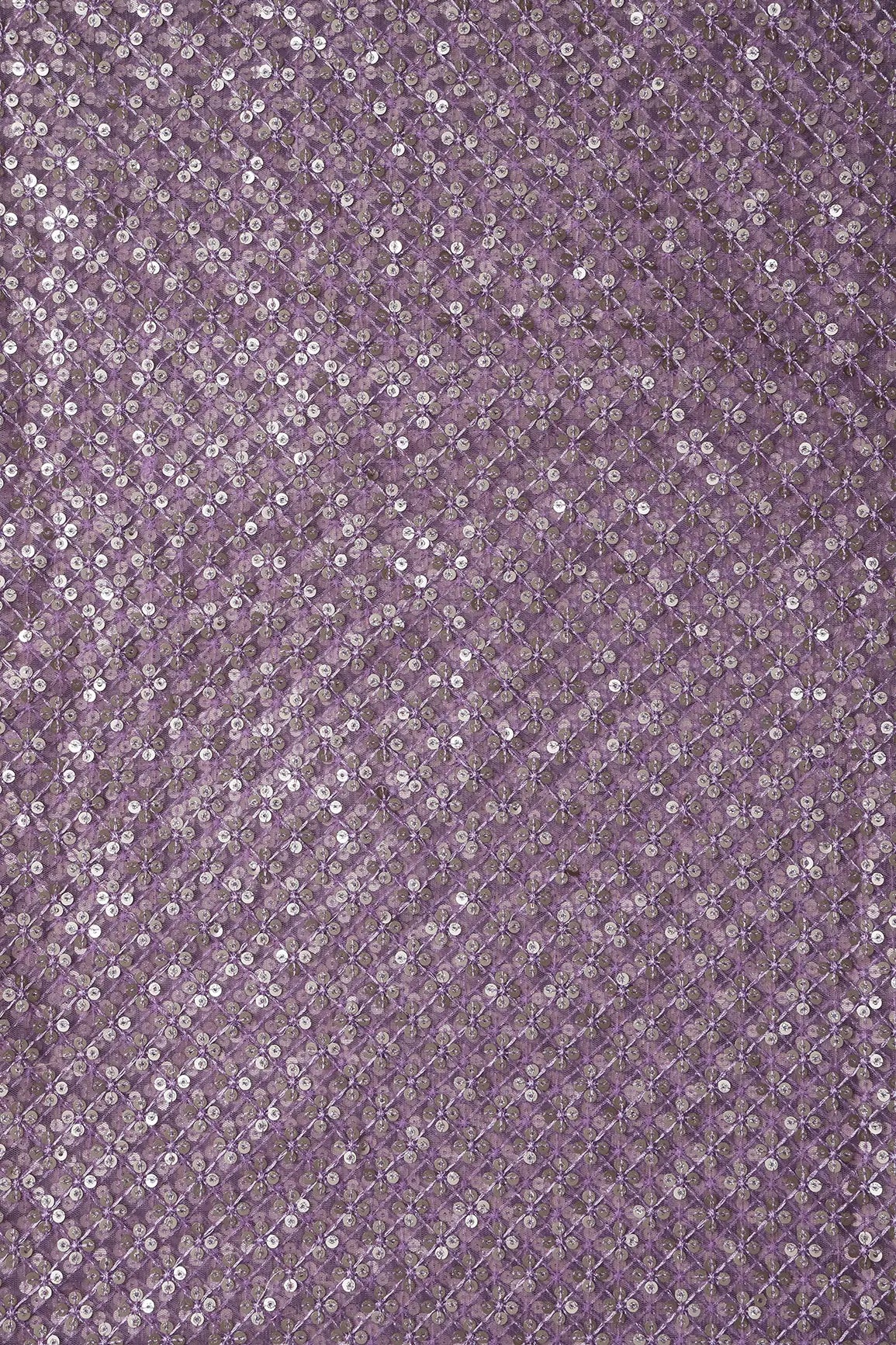 Lavender Thread With Gold Sequins Small Checks Embroidery On Lavender Soft Net Fabric