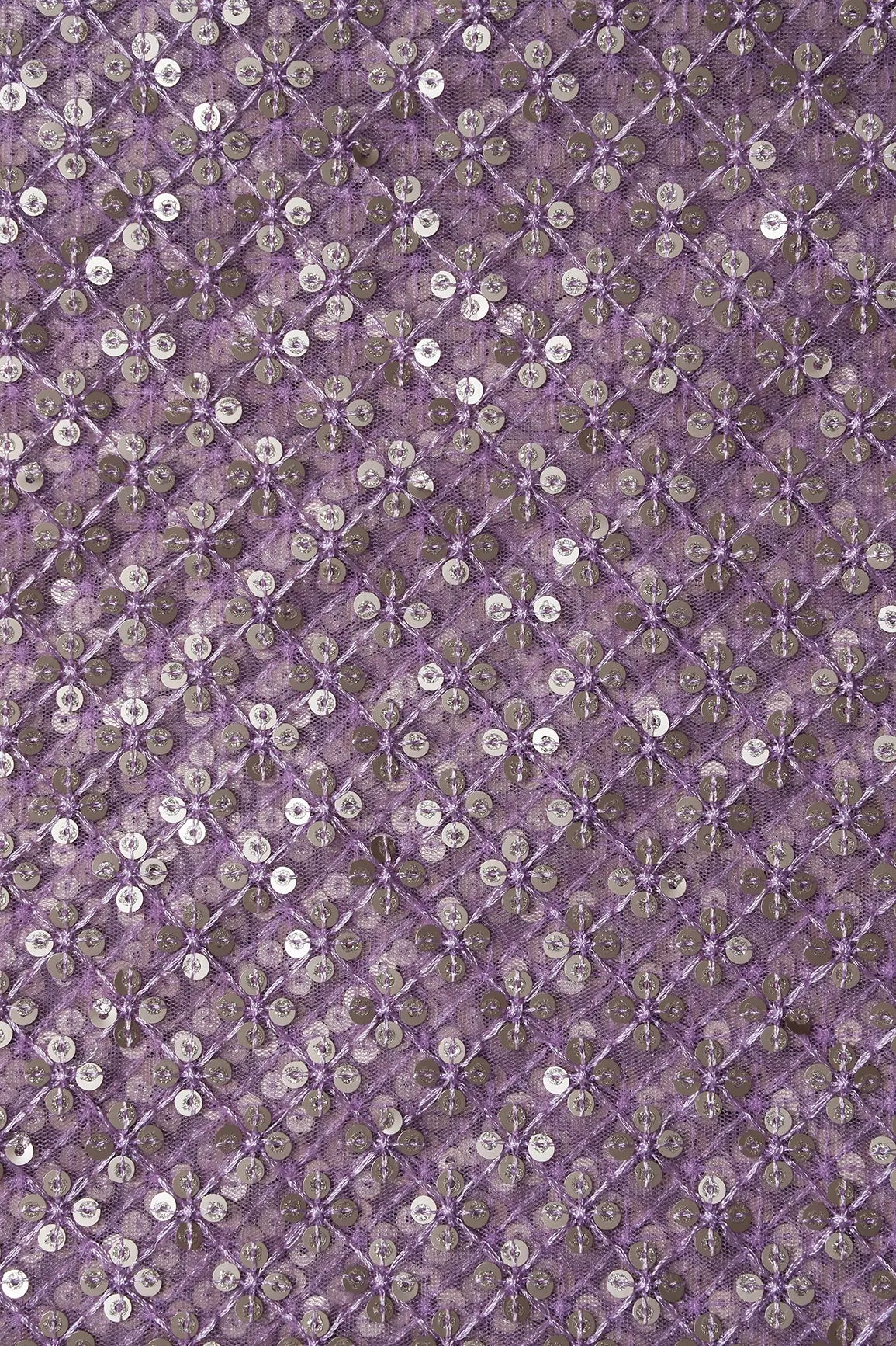 Lavender Thread With Gold Sequins Small Checks Embroidery On Lavender Soft Net Fabric