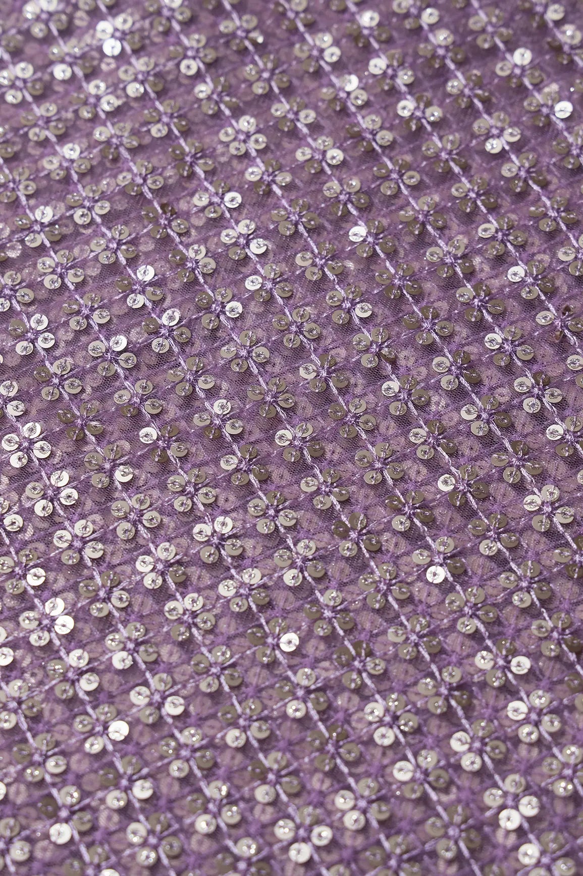 Lavender Thread With Gold Sequins Small Checks Embroidery On Lavender Soft Net Fabric