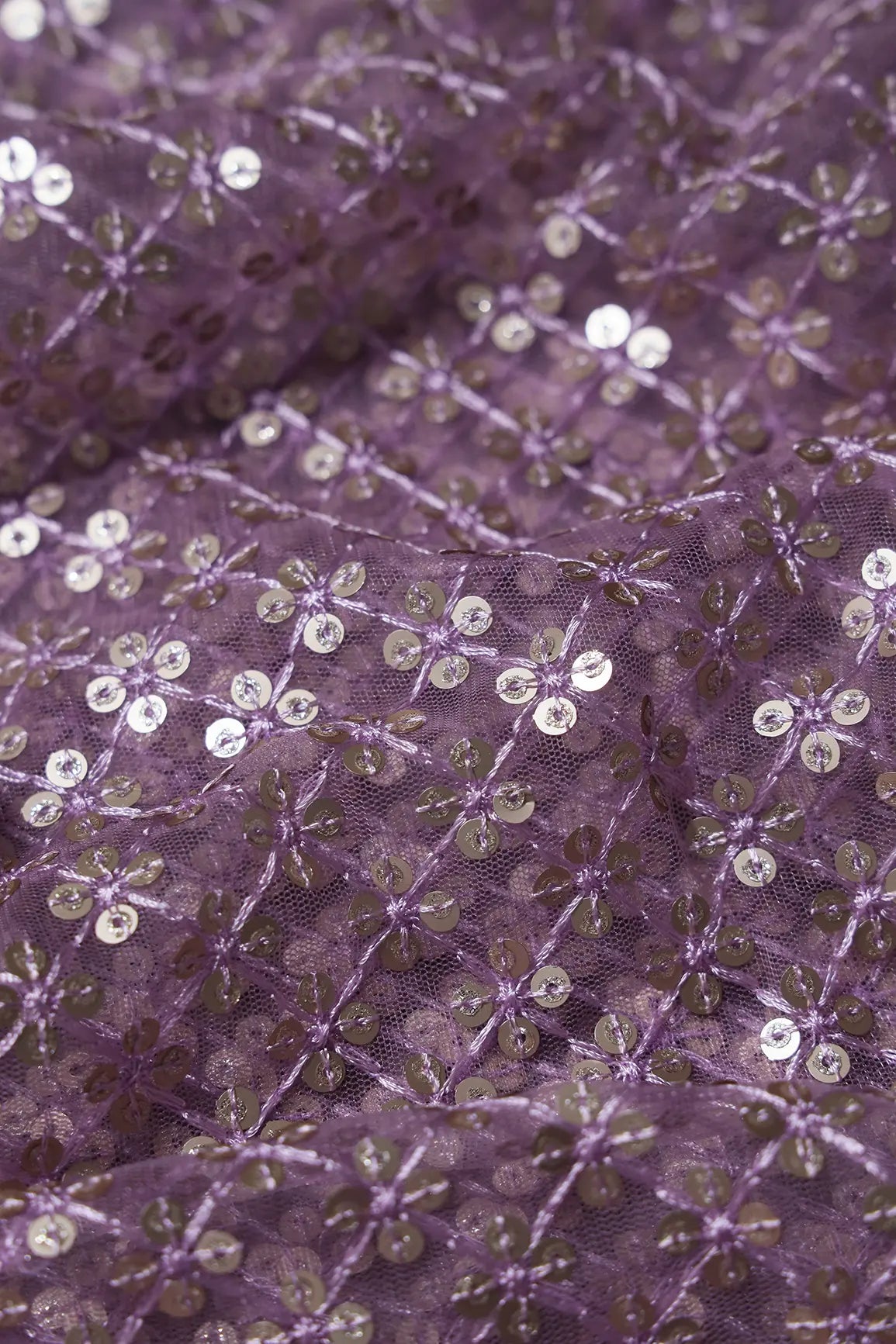 Lavender Thread With Gold Sequins Small Checks Embroidery On Lavender Soft Net Fabric