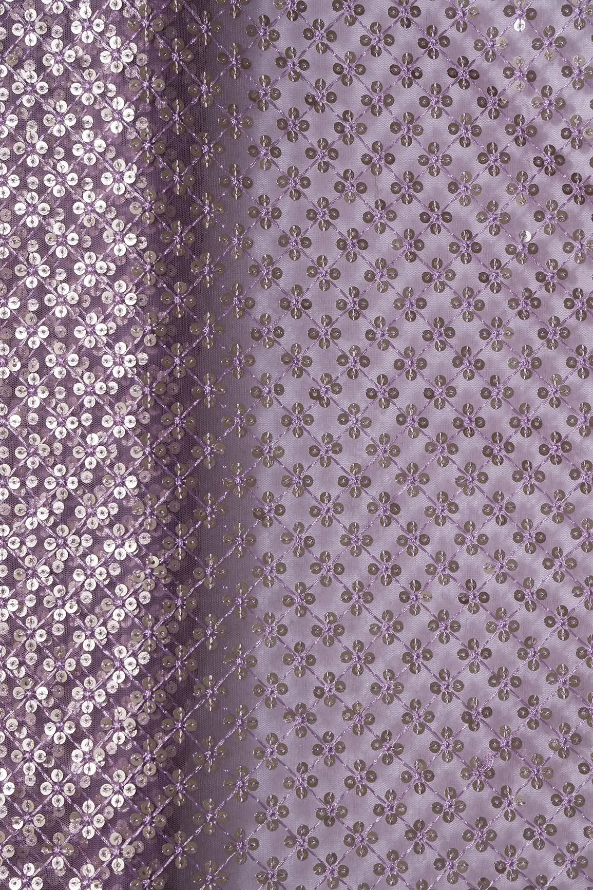 Lavender Thread With Gold Sequins Small Checks Embroidery On Lavender Soft Net Fabric