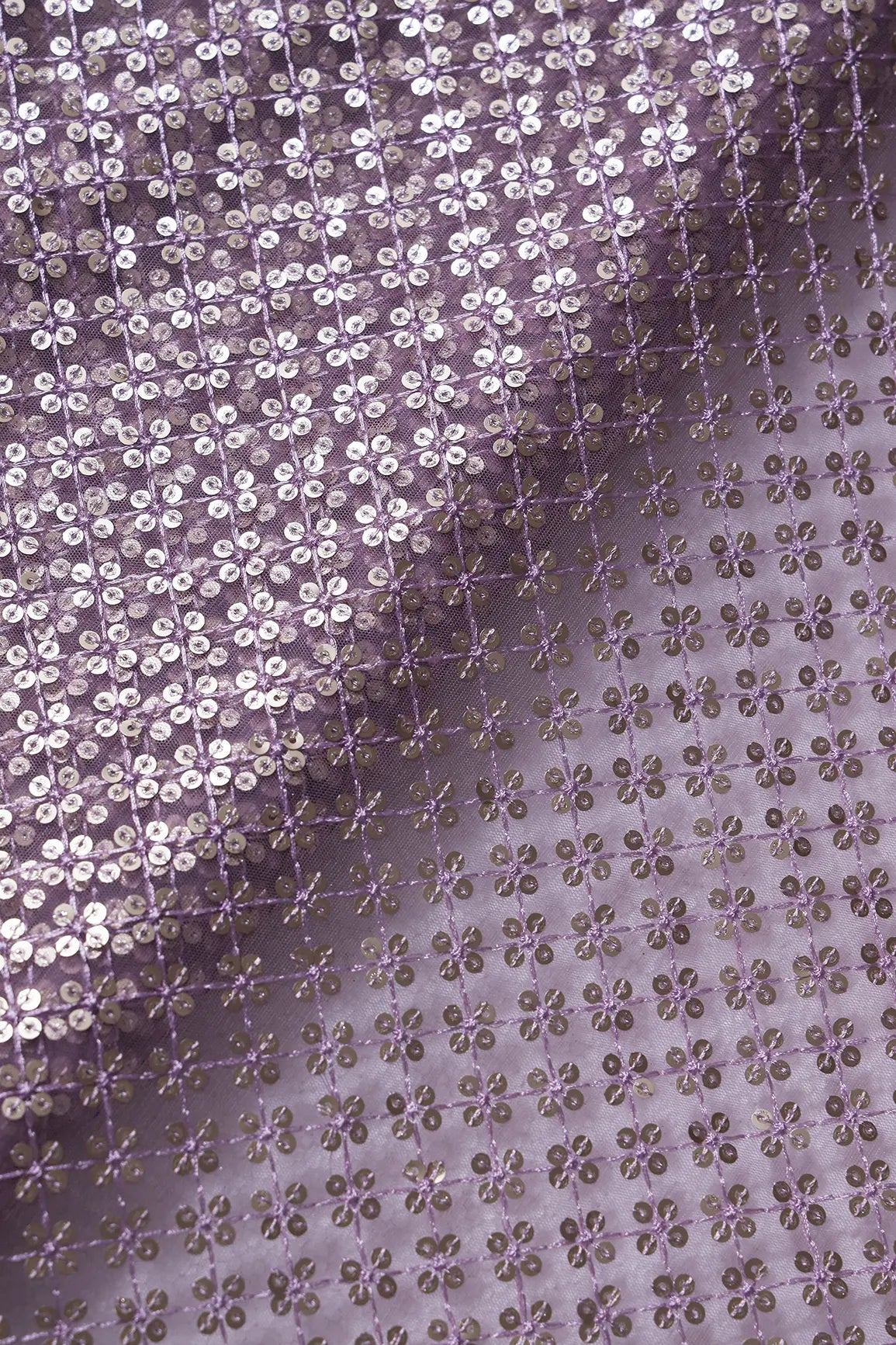 Lavender Thread With Gold Sequins Small Checks Embroidery On Lavender Soft Net Fabric