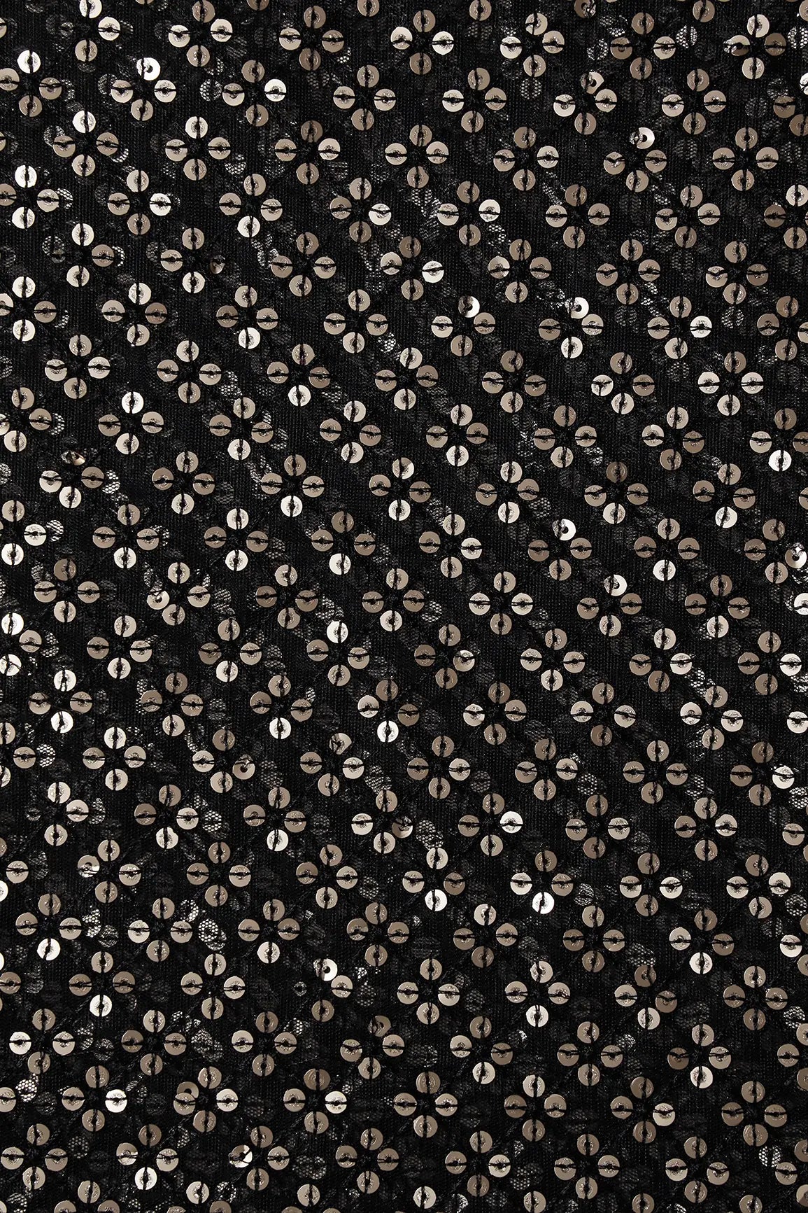 Black Thread With Gold Sequins Small Checks Embroidery On Black Soft Net Fabric