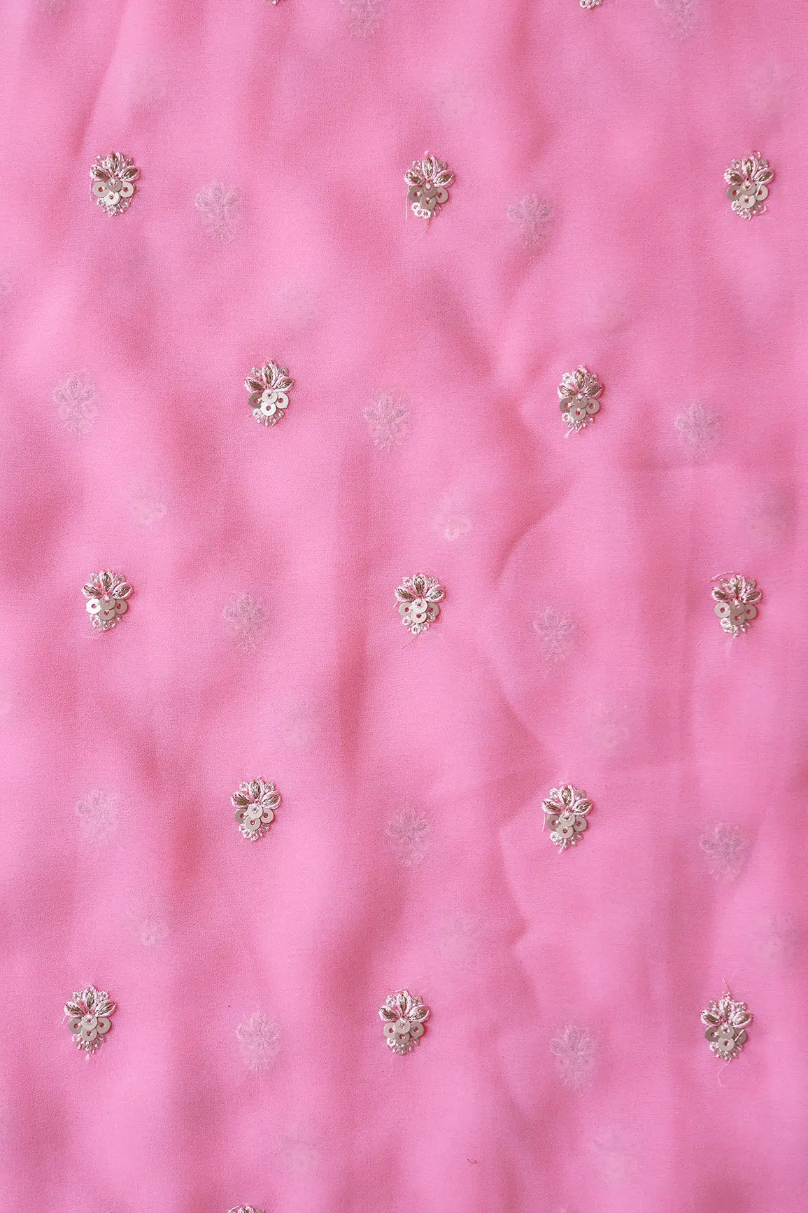 Gold Sequins With Zari Small Floral Booti Embroidery On Pink Georgette Fabric