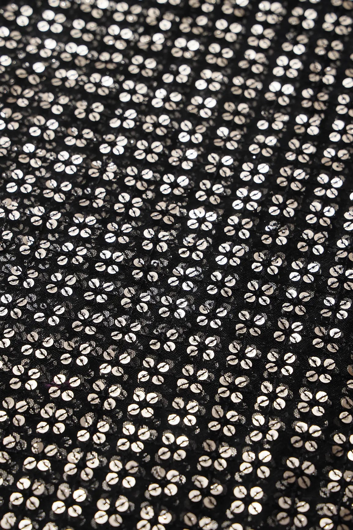 Black Thread With Gold Sequins Small Checks Embroidery On Black Soft Net Fabric