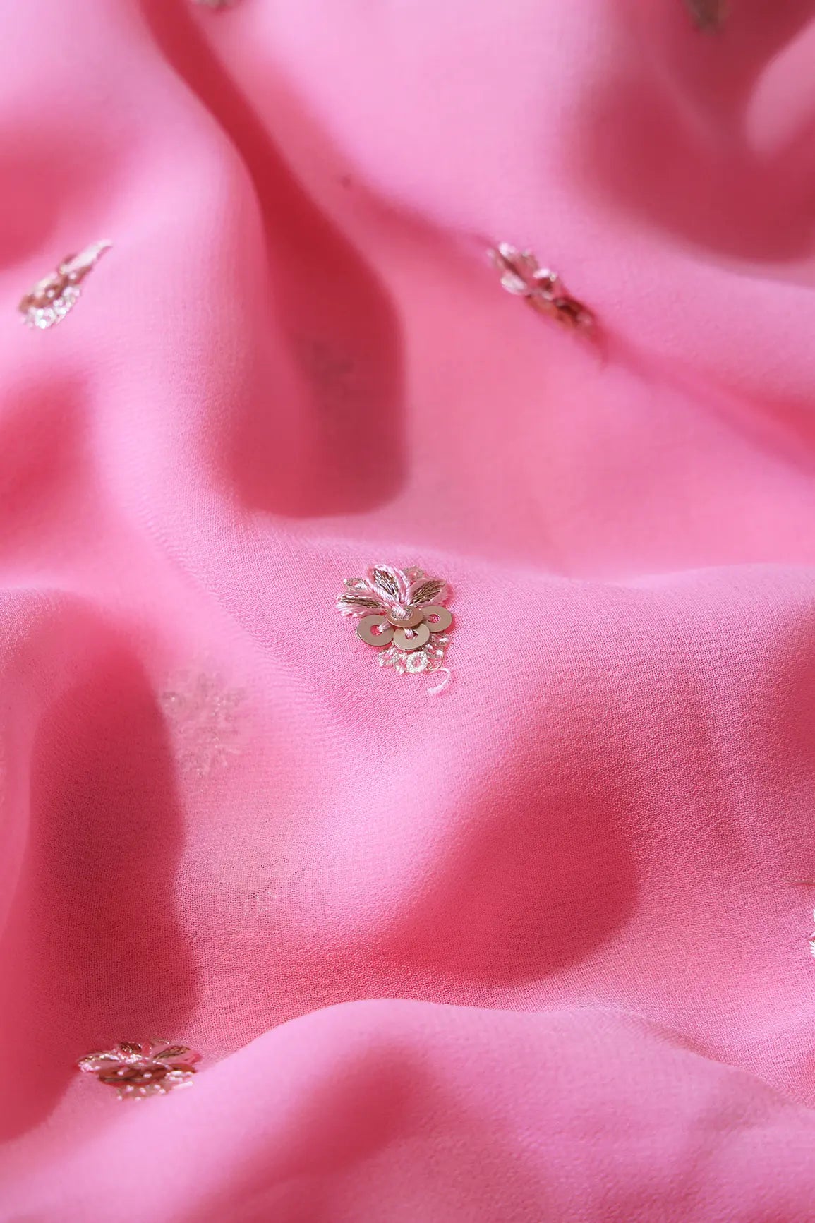 Gold Sequins With Zari Small Floral Booti Embroidery On Pink Georgette Fabric