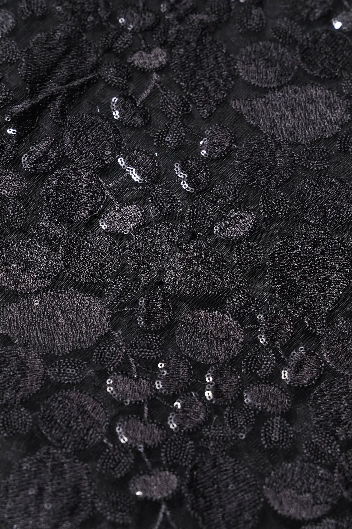 Black Thread With Water Sequins Beautiful Leafy Heavy Embroidery On Black Soft Net Fabric