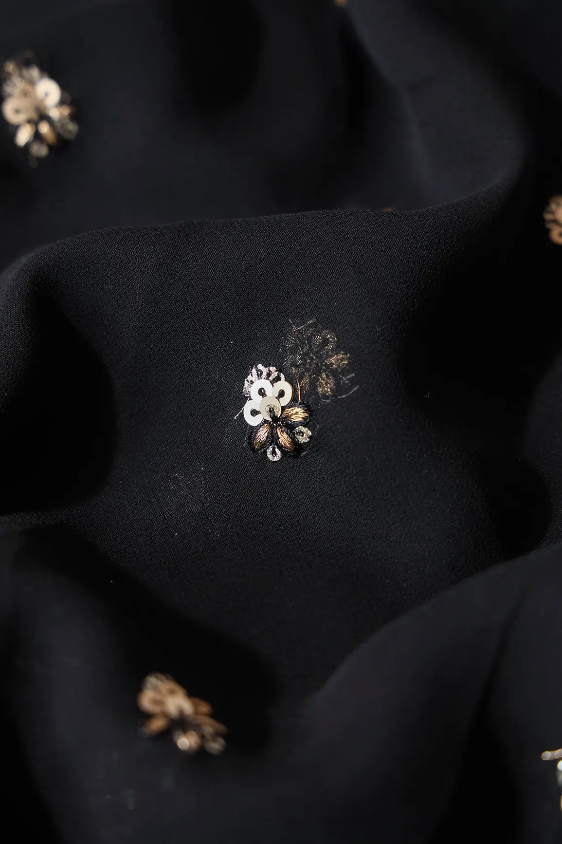 Gold Sequins With Zari Small Floral Booti Embroidery On Black Georgette Fabric