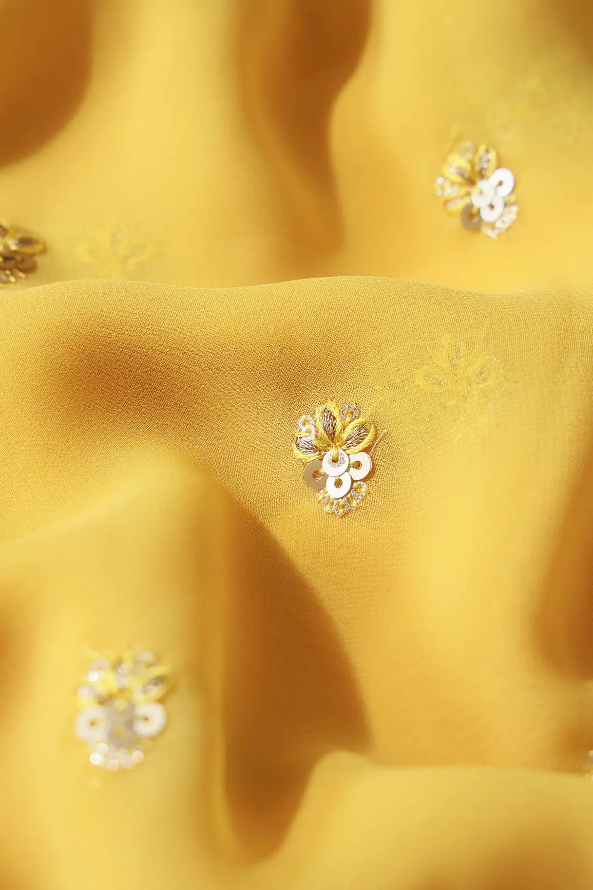 Gold Sequins With Zari Small Floral Booti Embroidery On Yellow Georgette Fabric