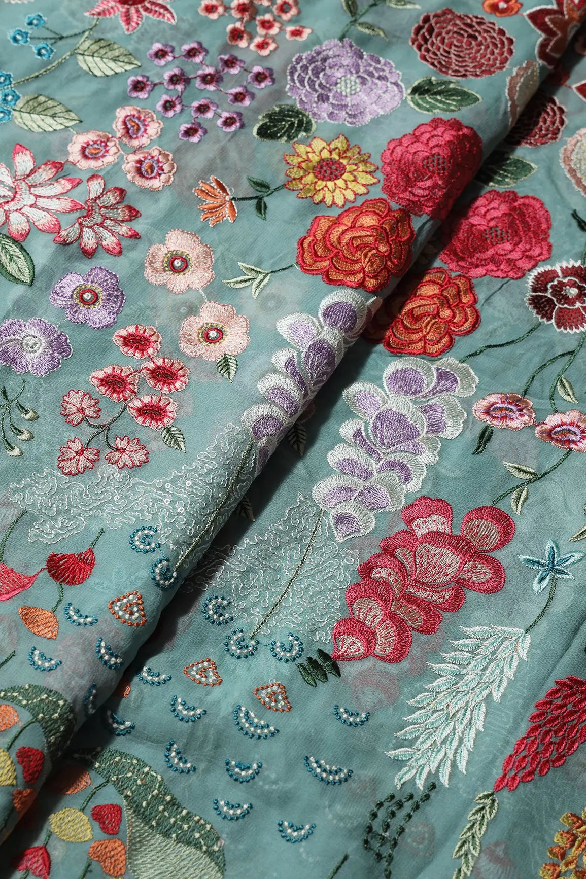 Multi Color Thread With Sequins Floral Embroidery On Teal Viscose Georgette Fabric