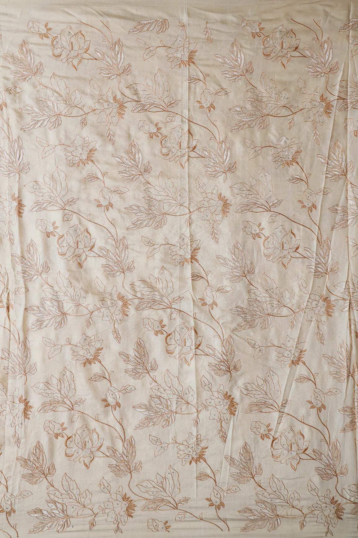 Beige Thread With Gold Sequins Leafy Embroidery On Cream Pure Bamboo Silk Fabric